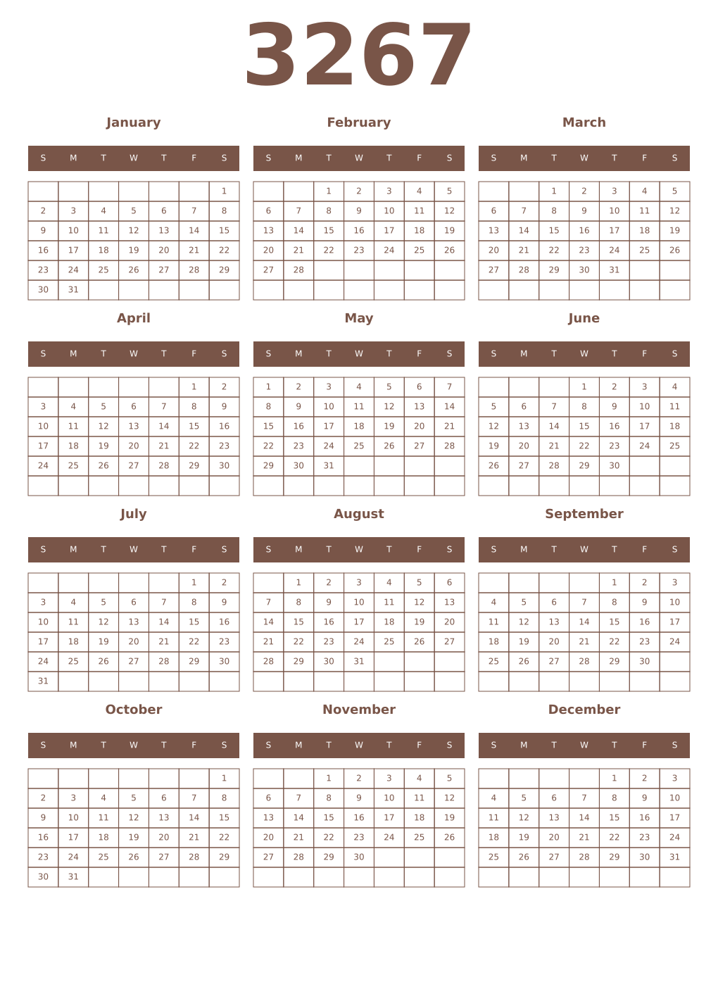 Printable 3267 Year Calendars coffe