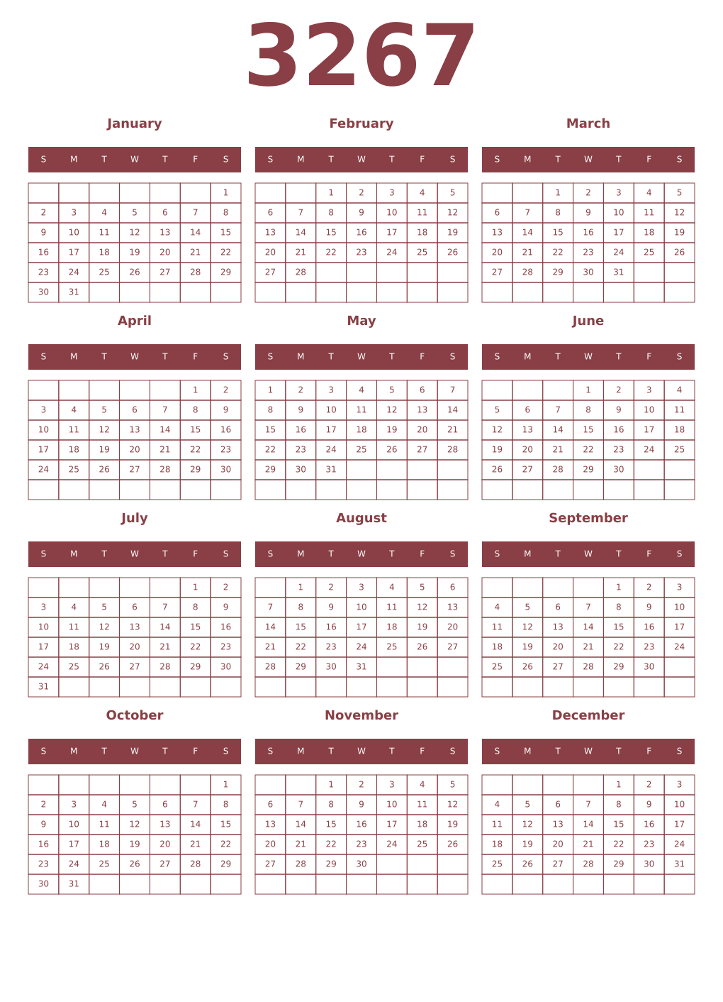 Printable 3267 Year Calendars cordovan