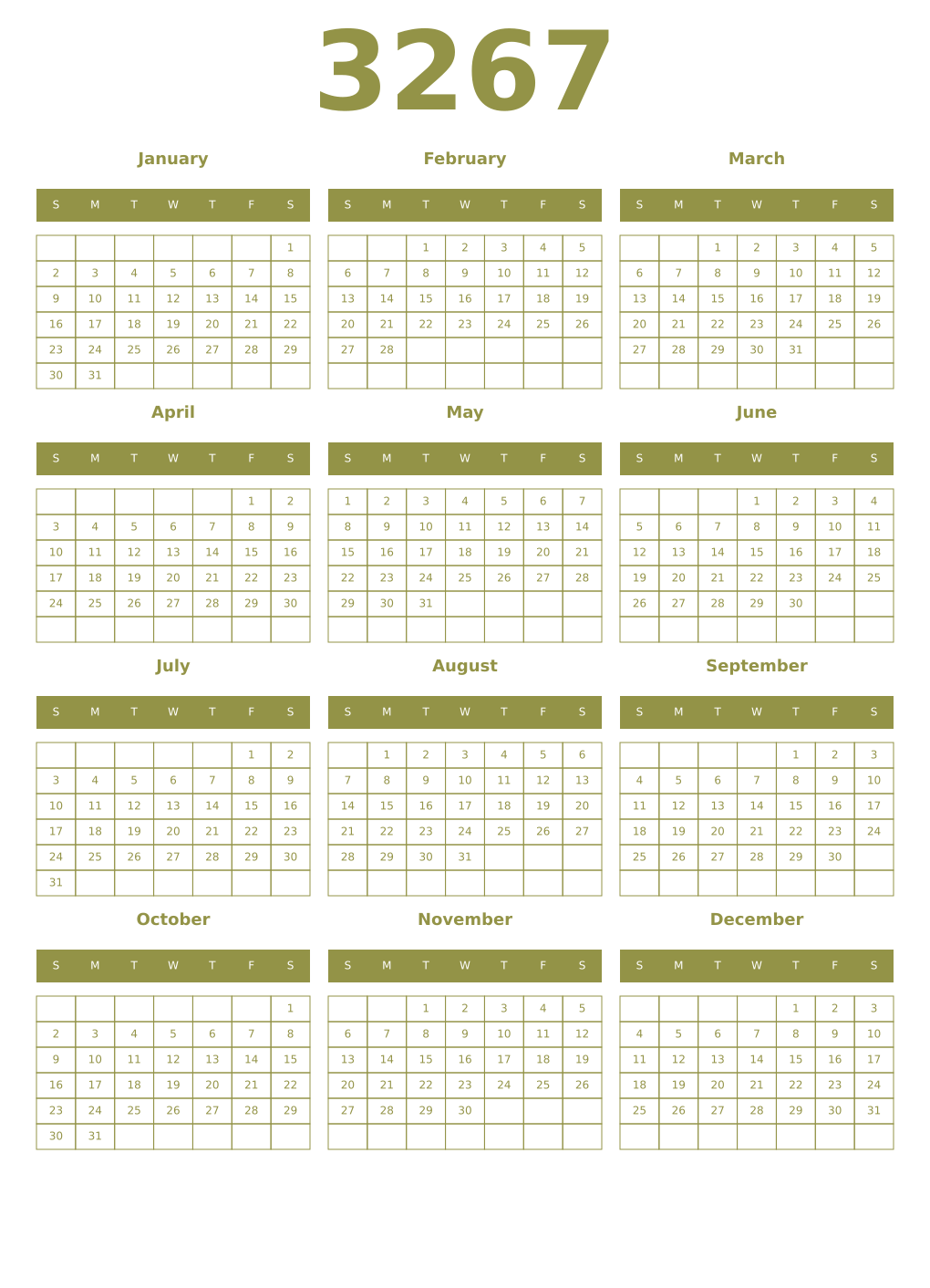 Printable 3267 Year Calendars eburnean