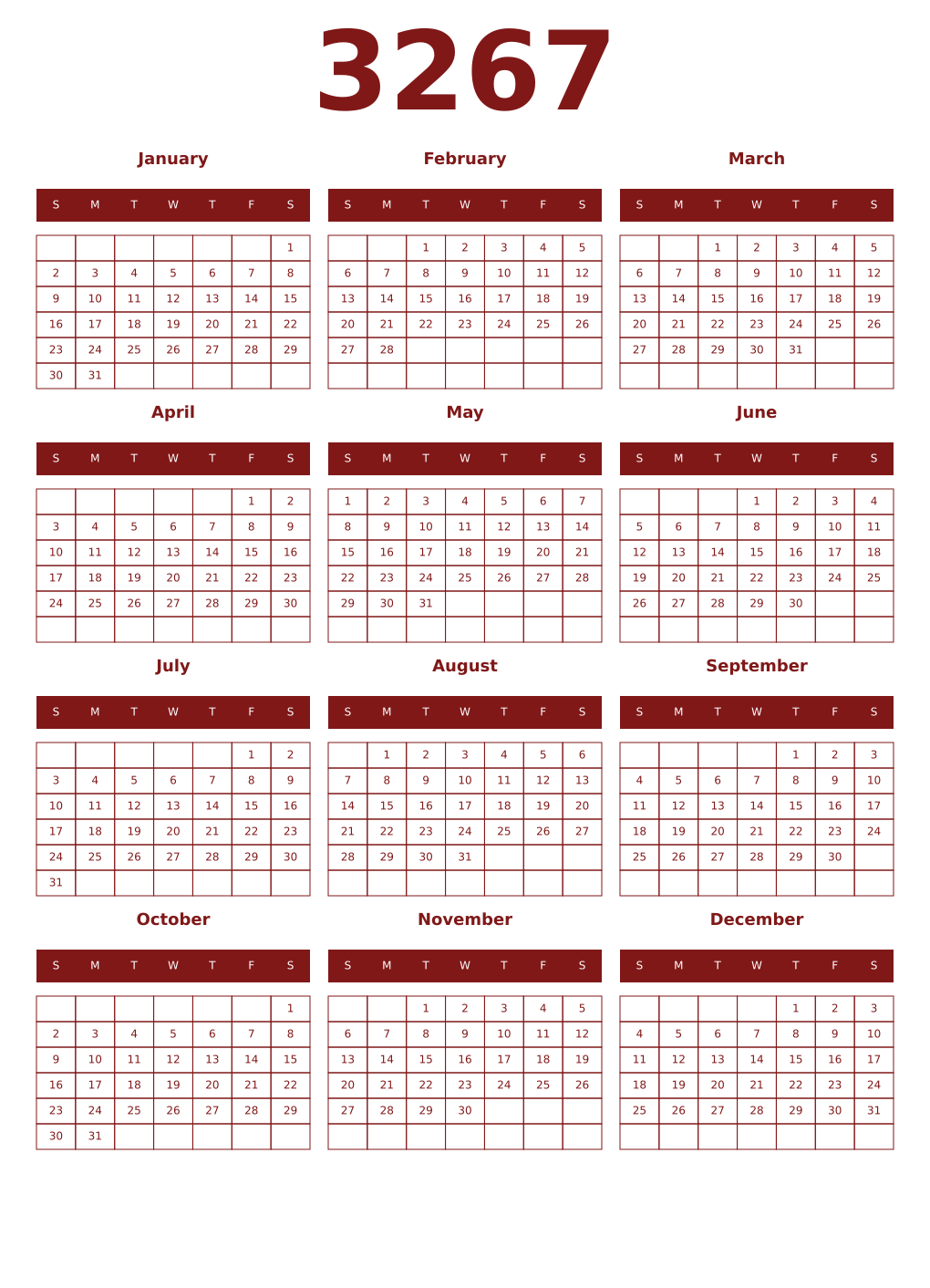 Printable 3267 Year Calendars falu