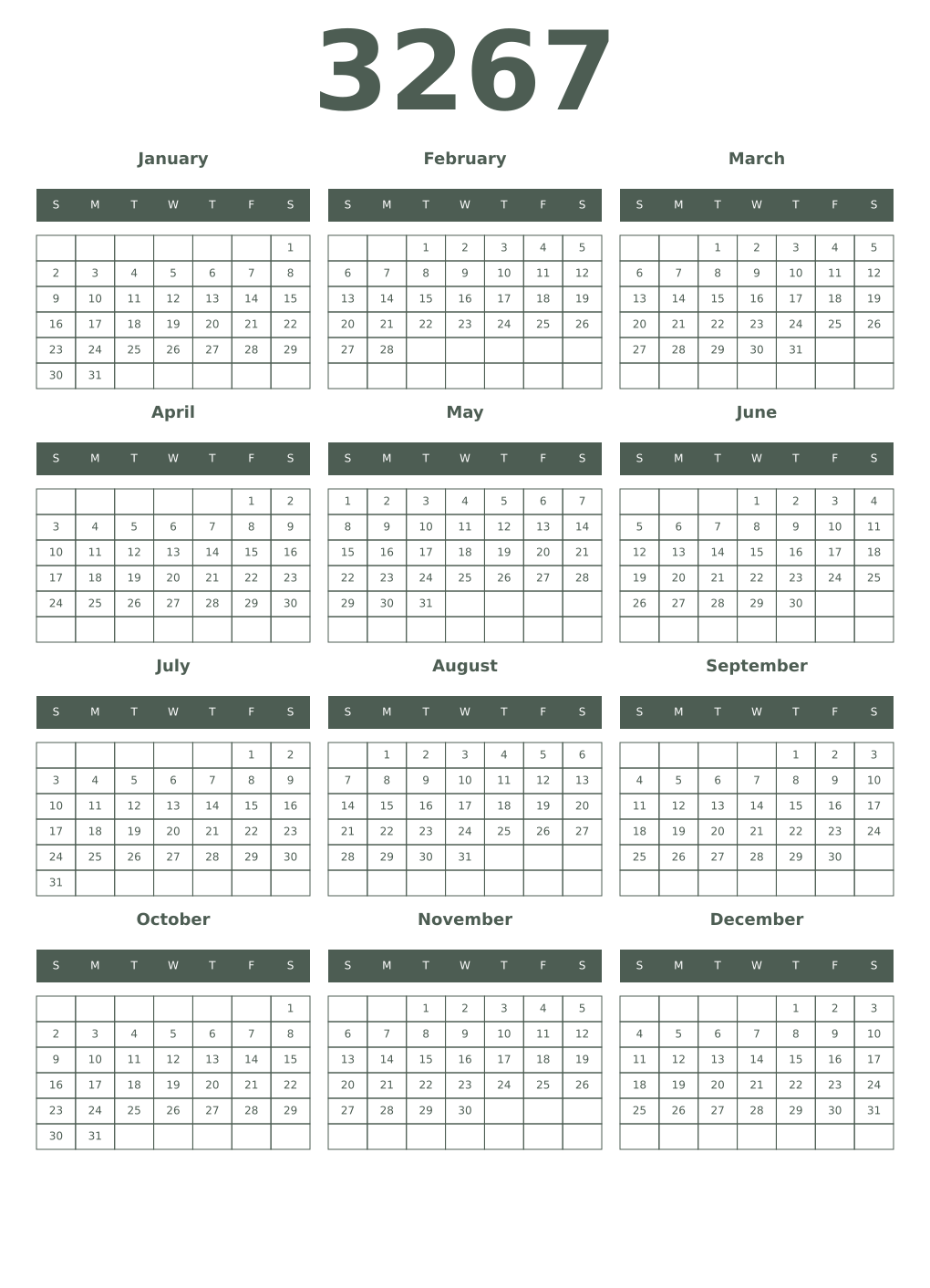 Printable 3267 Year Calendars feldgrau