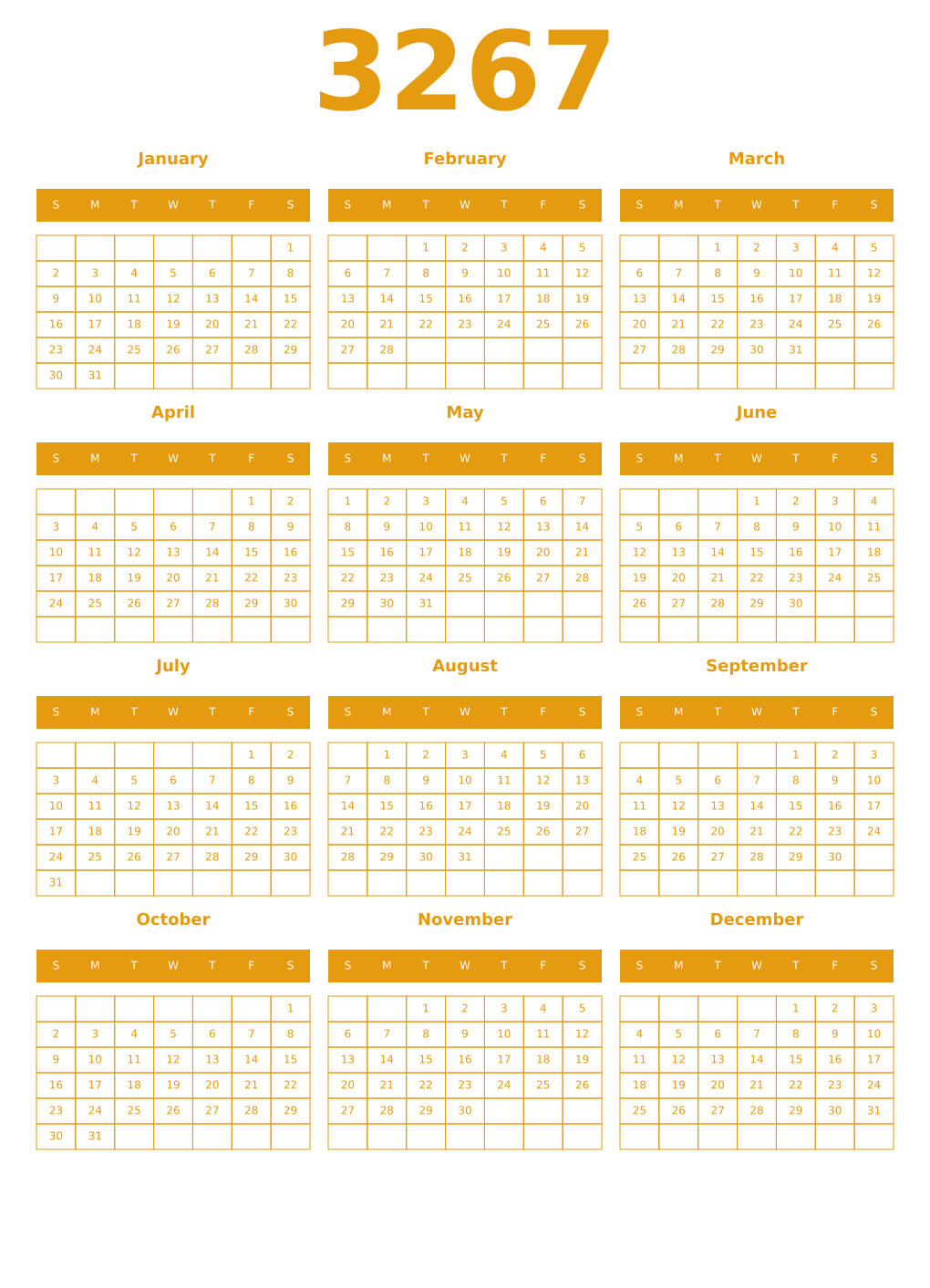 Printable 3267 Year Calendars gamboge