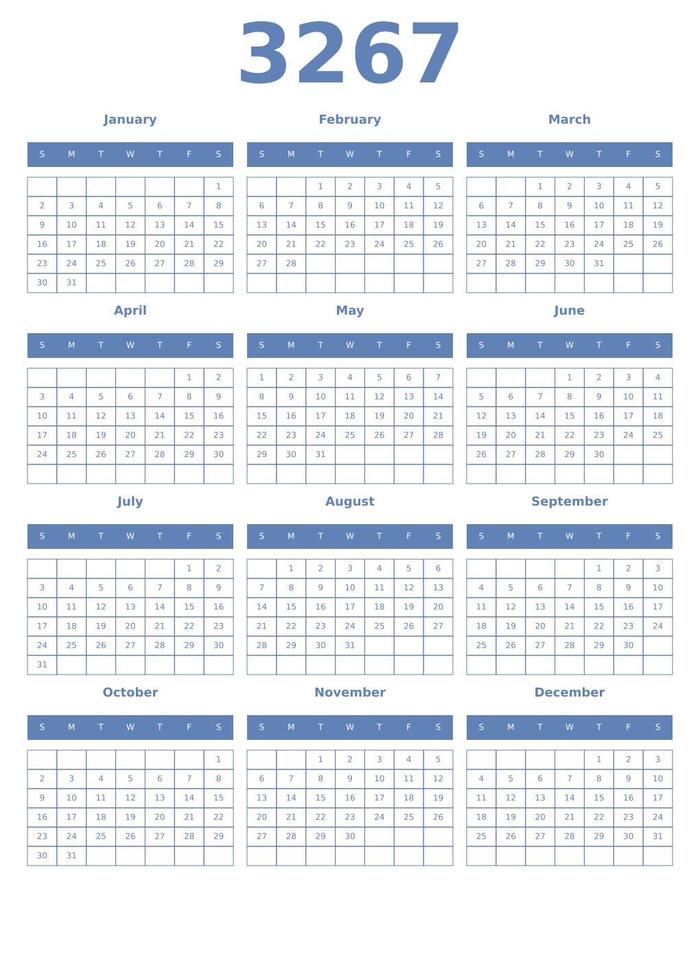 Printable 3267 Year Calendars glaucous