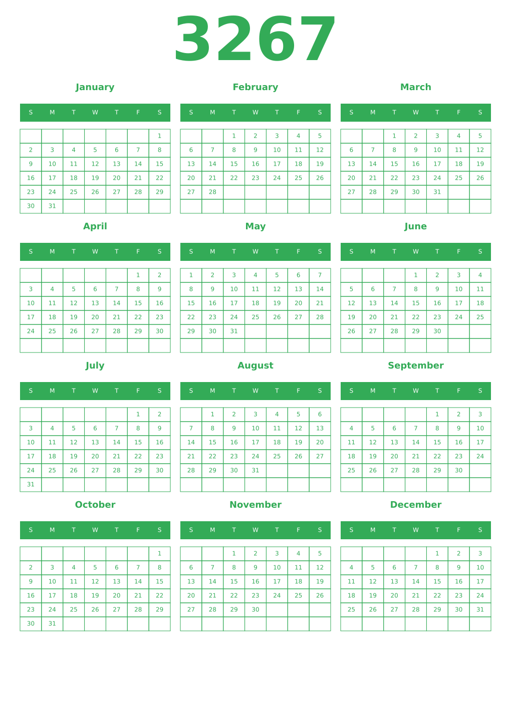 Printable 3267 Year Calendars green
