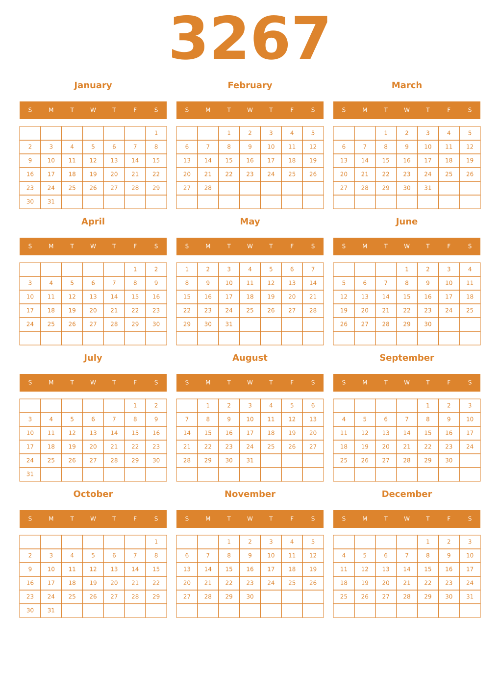 Printable 3267 Year Calendars orange