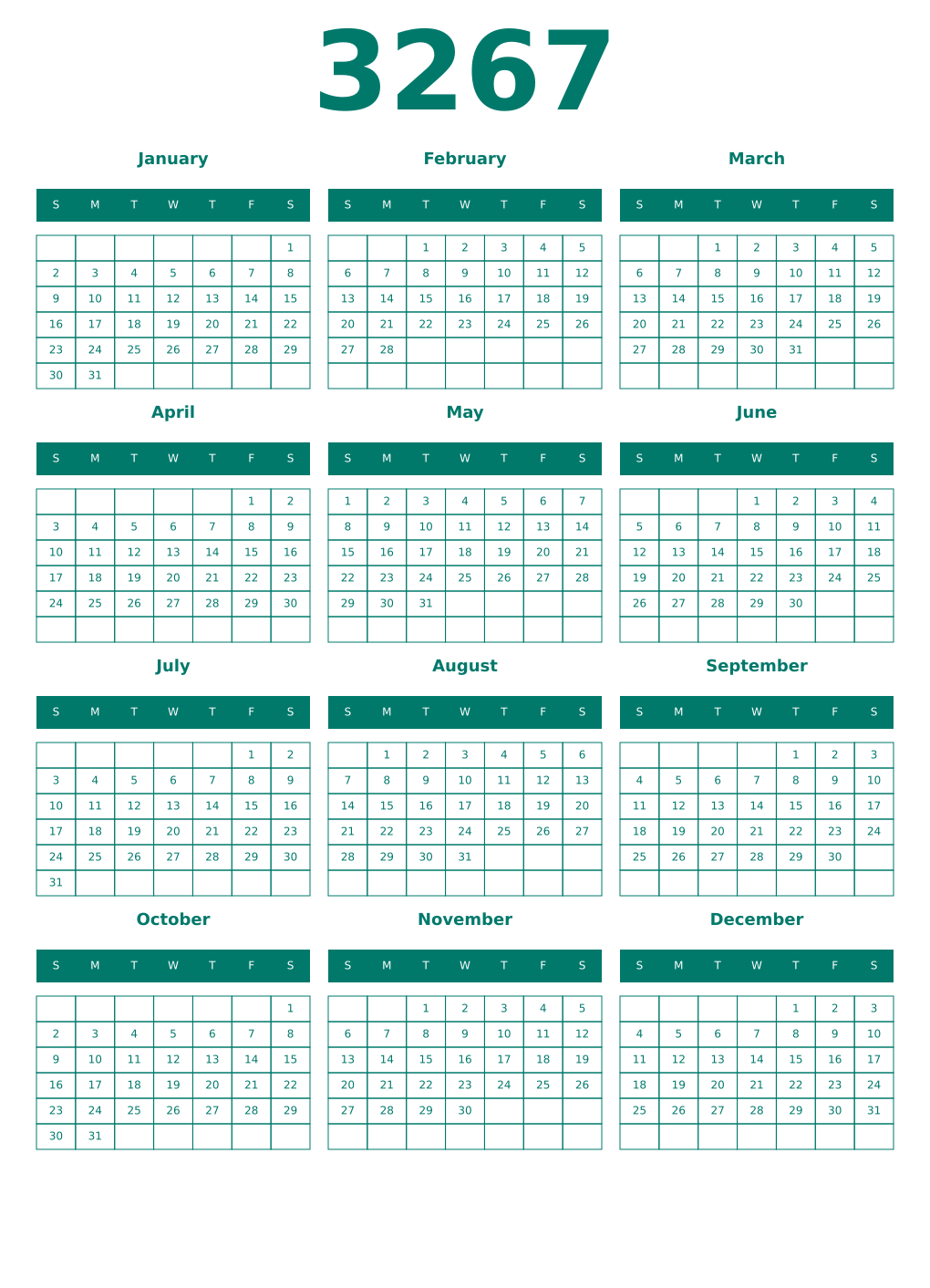 Printable 3267 Year Calendars pastel