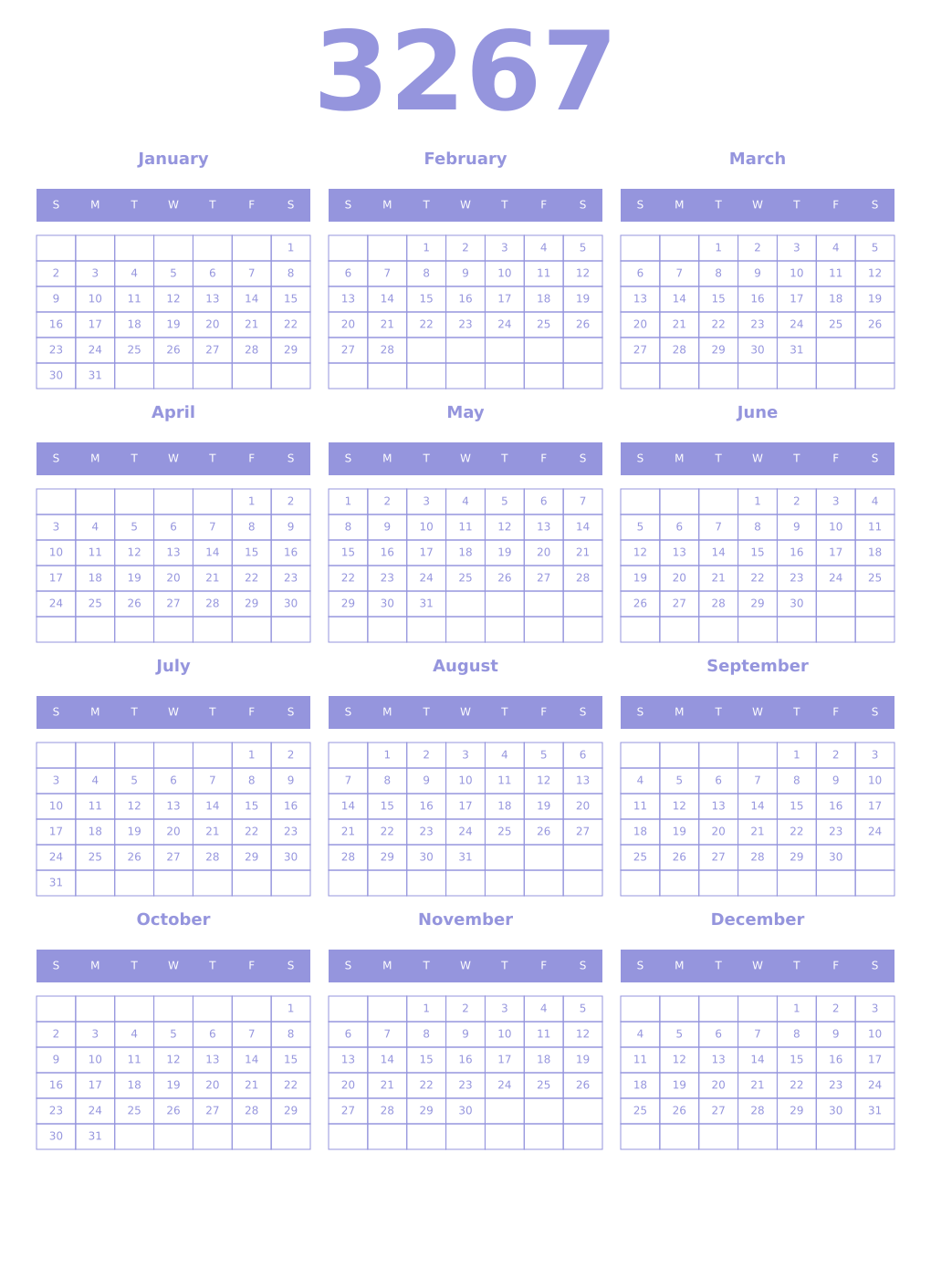 Printable 3267 Year Calendars periwinkle
