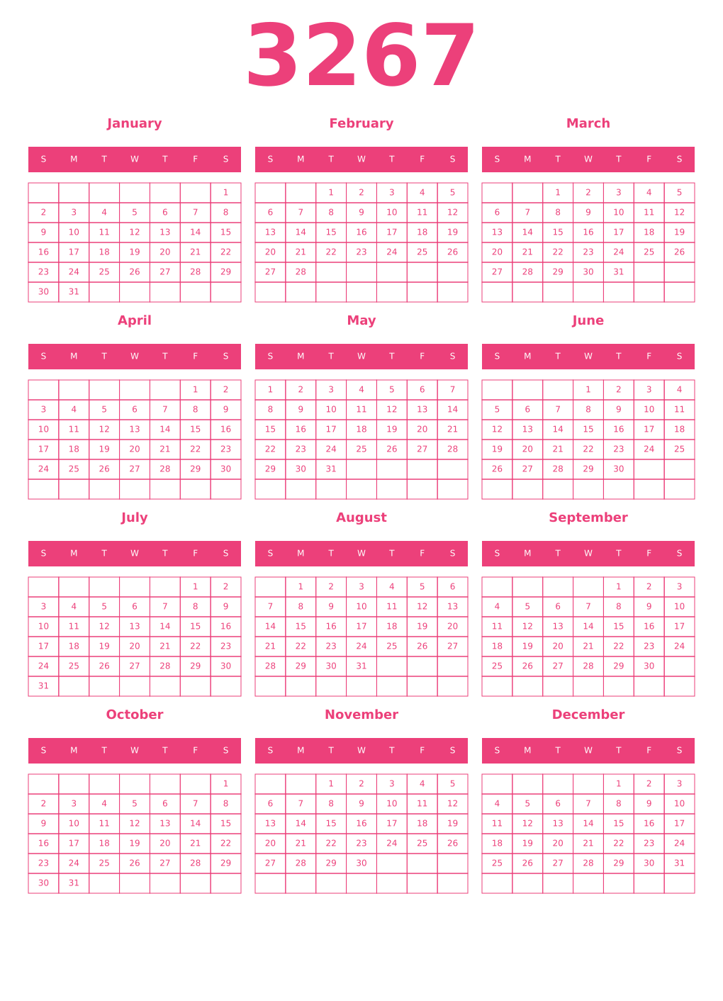 Printable 3267 Year Calendars pink
