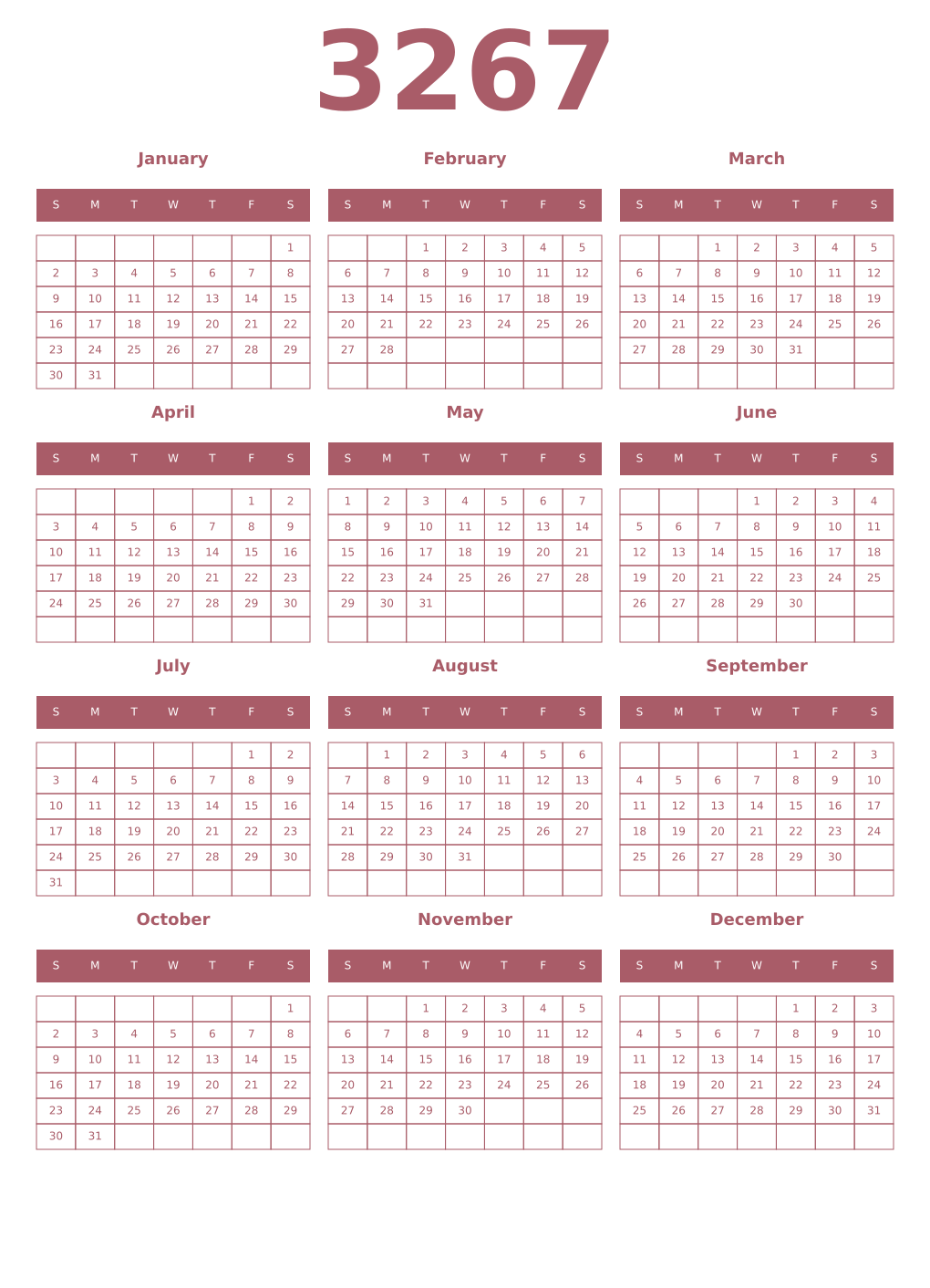 Printable 3267 Year Calendars puce
