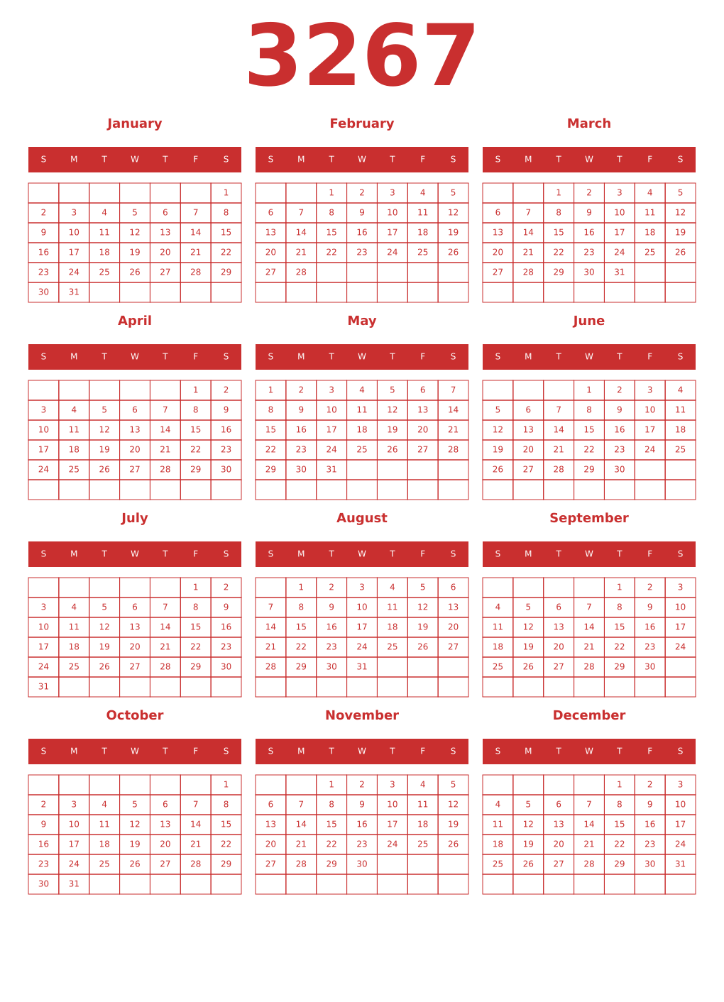 Printable 3267 Year Calendars red