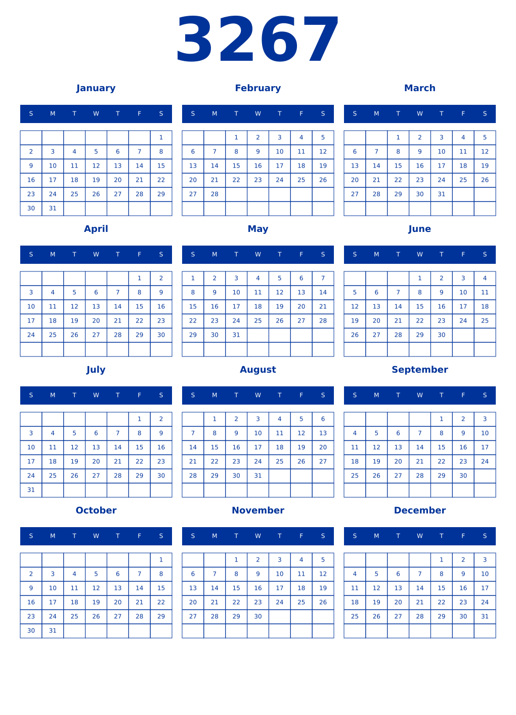 Printable 3267 Year Calendars smalt