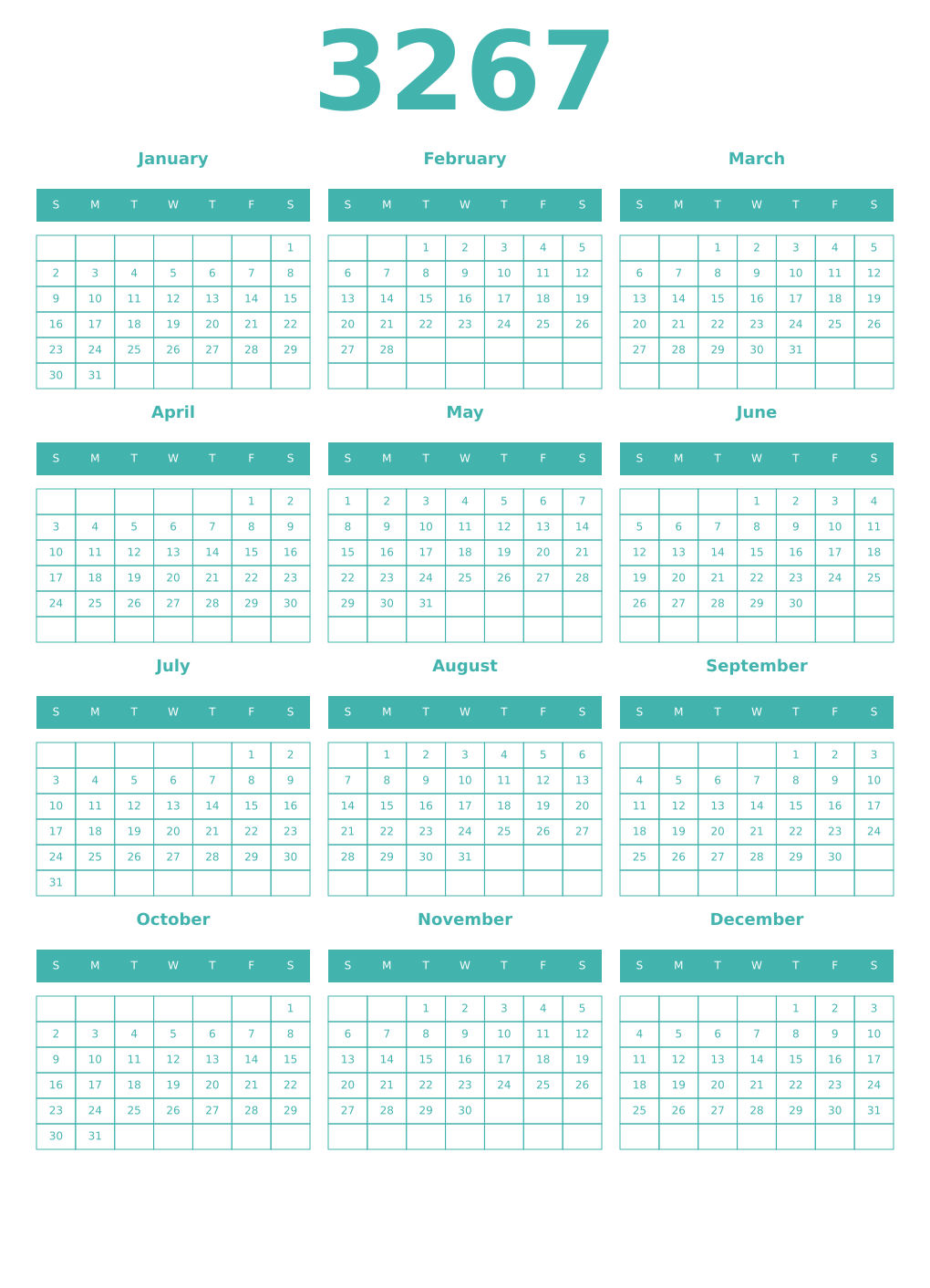 Printable 3267 Year Calendars verdigris