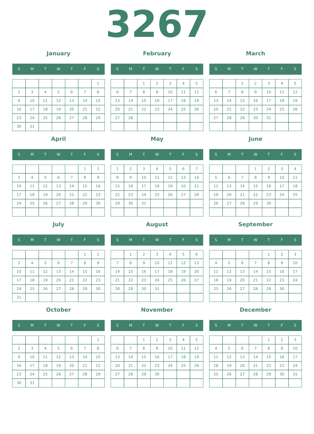 Printable 3267 Year Calendars viridian
