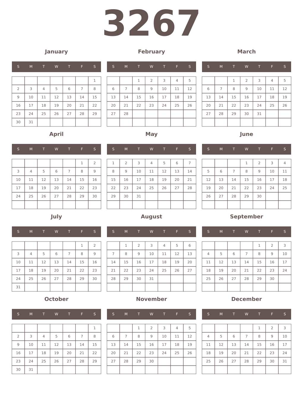 Printable 3267 Year Calendars wenge