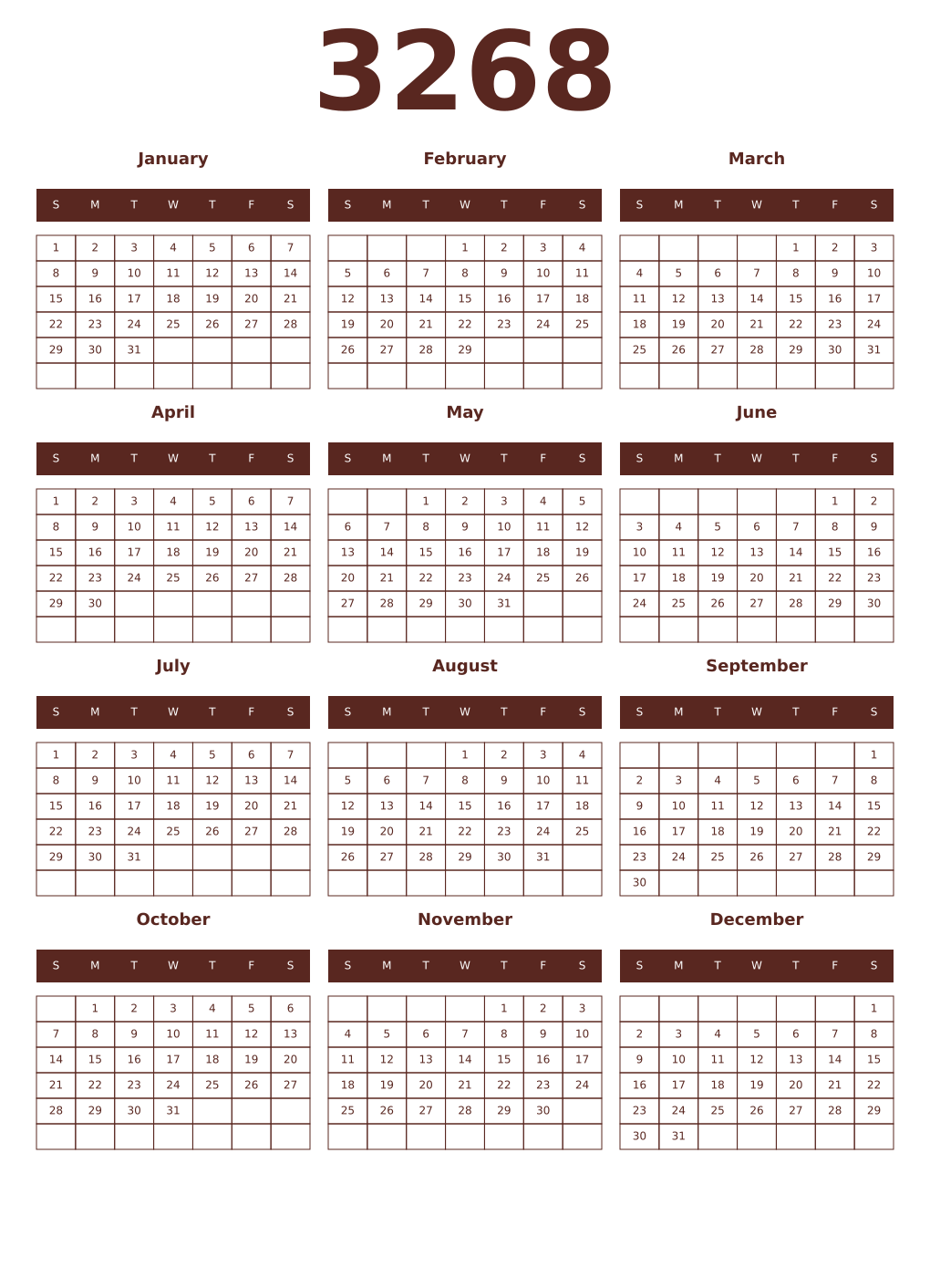 Printable 3268 Year Calendars mortuum