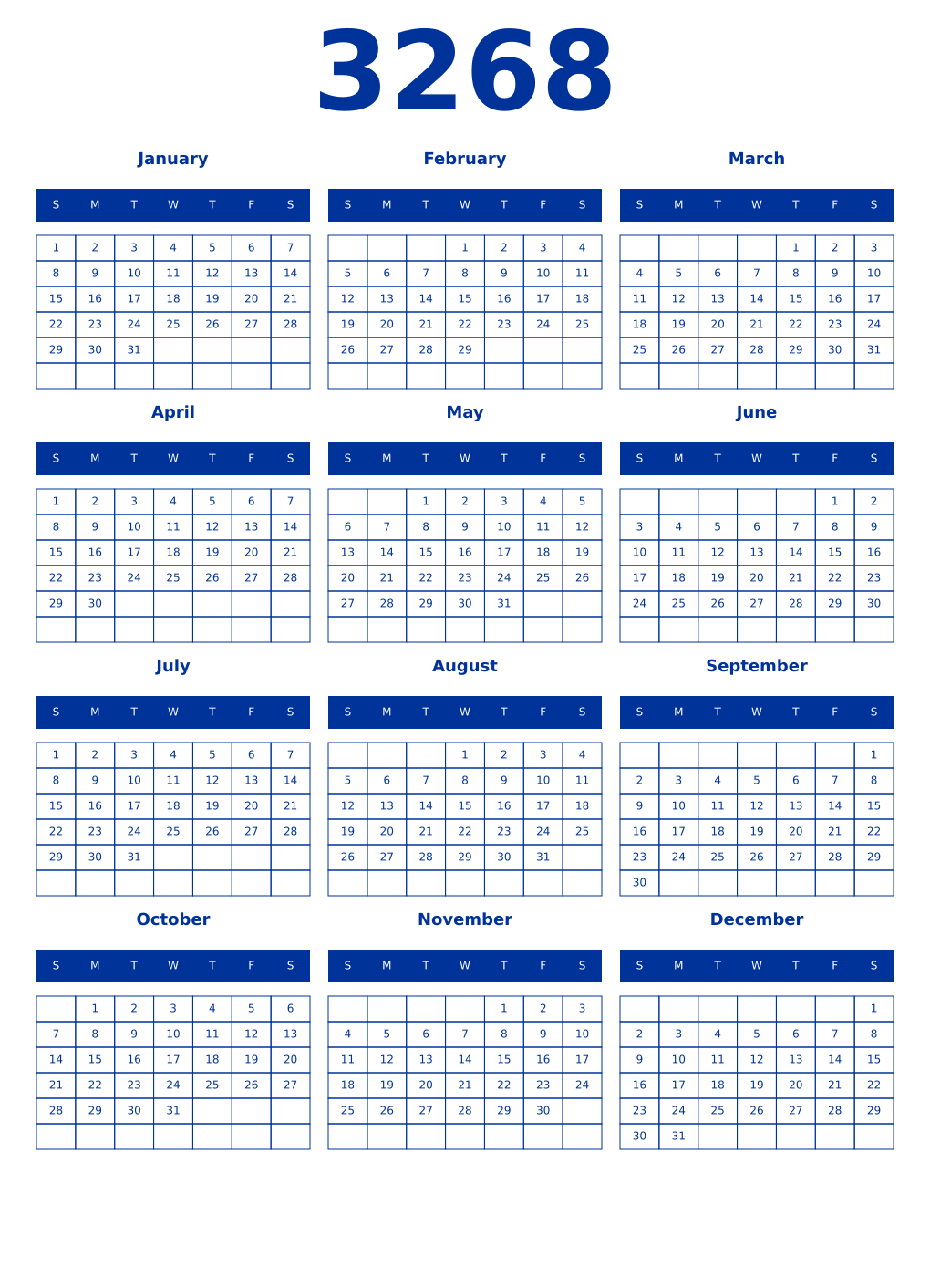 Printable 3268 Year Calendars smalt