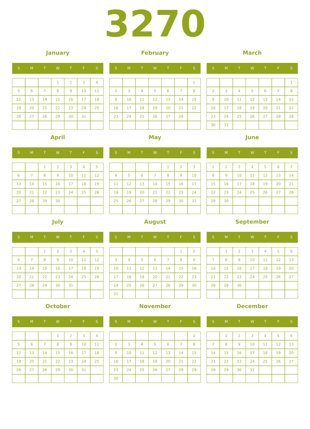 Printable 3270 Year Calendars chartreuse