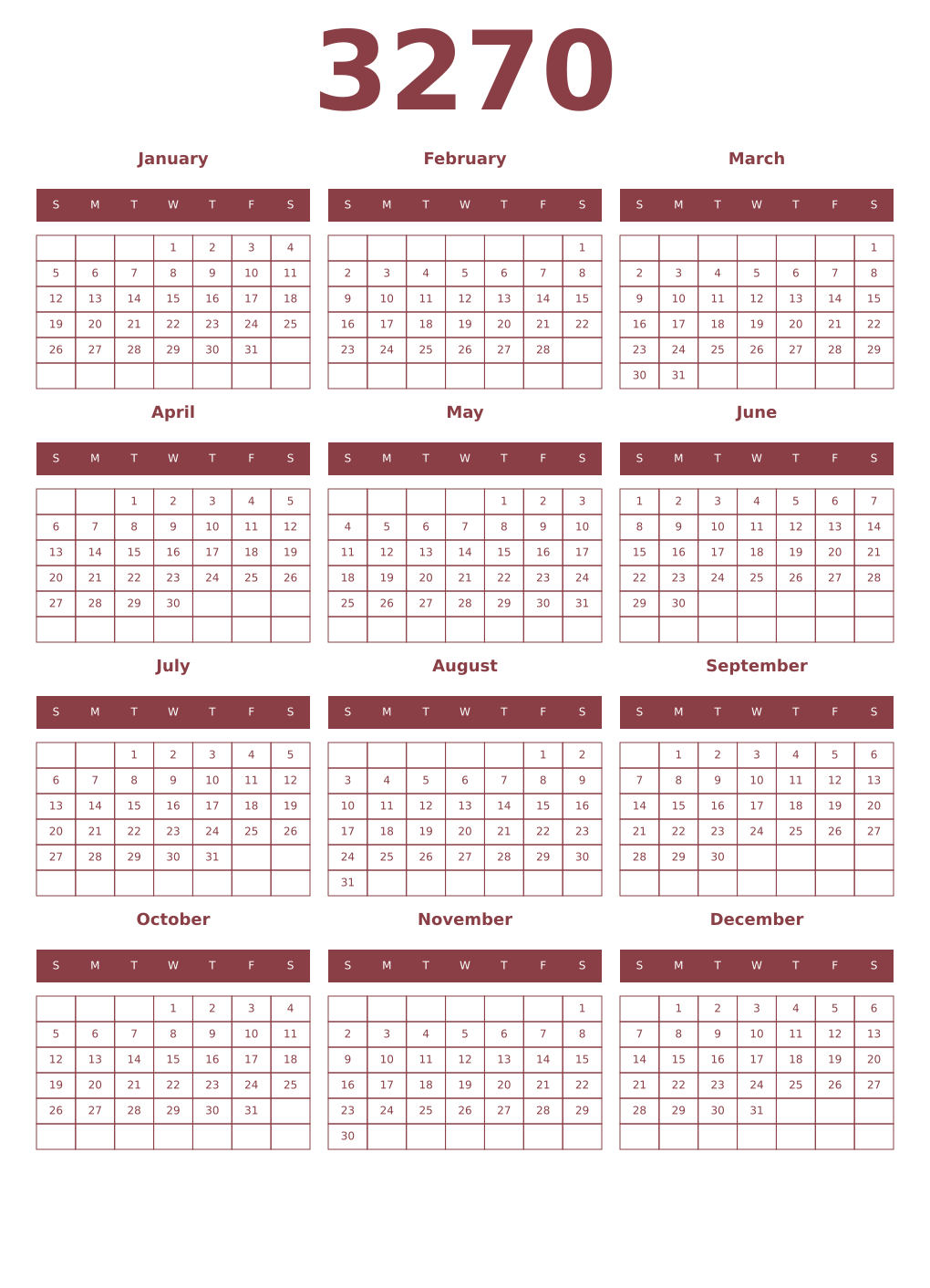 Printable 3270 Year Calendars cordovan