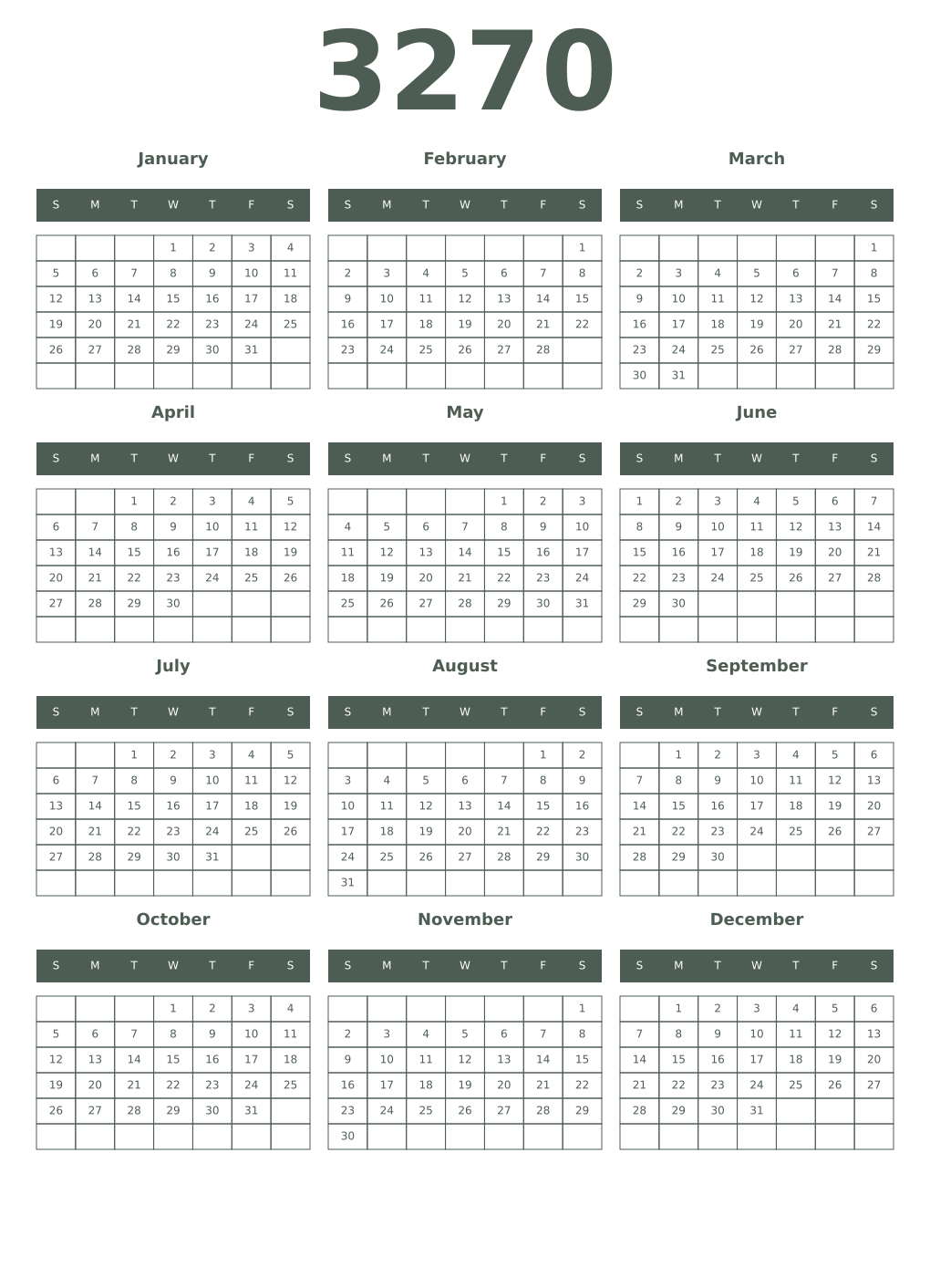 Printable 3270 Year Calendars feldgrau
