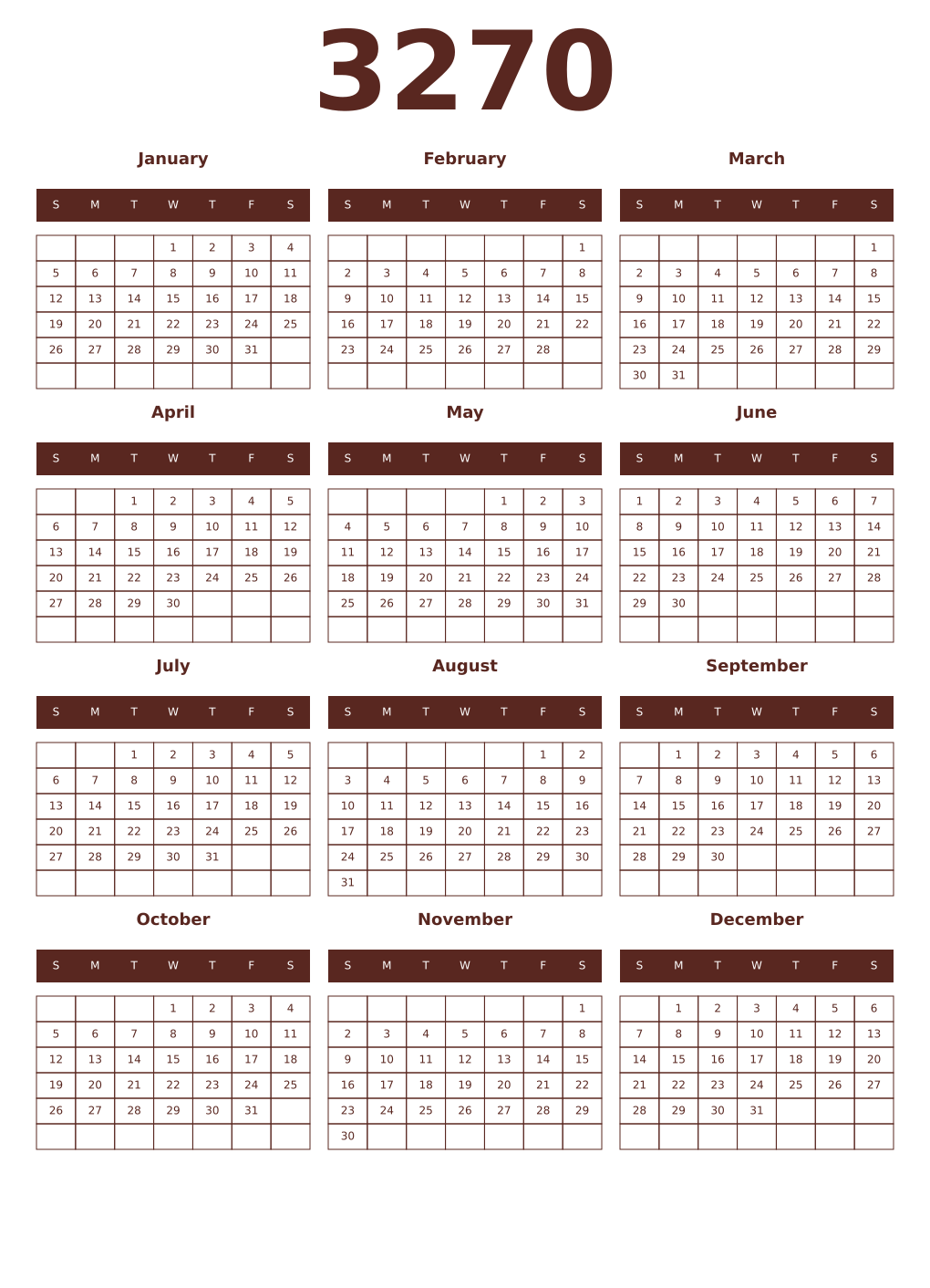 Printable 3270 Year Calendars mortuum