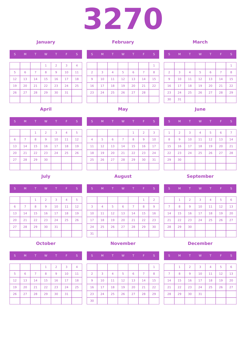 Printable 3270 Year Calendars purple