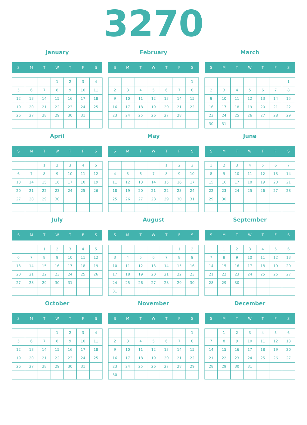 Printable 3270 Year Calendars verdigris