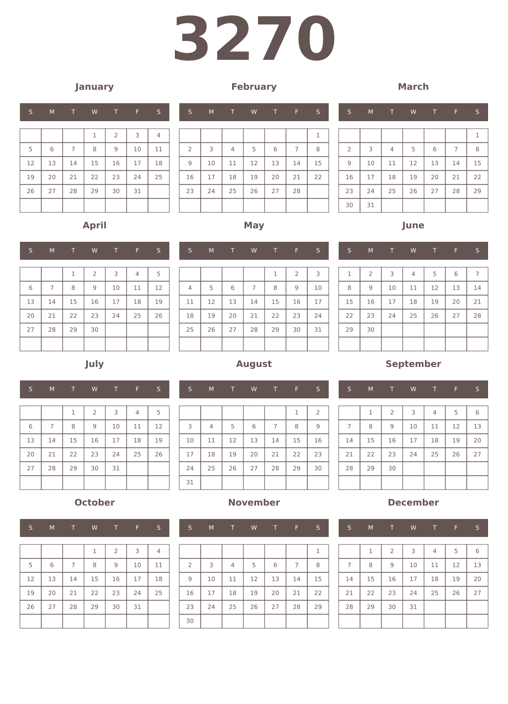 Printable 3270 Year Calendars wenge