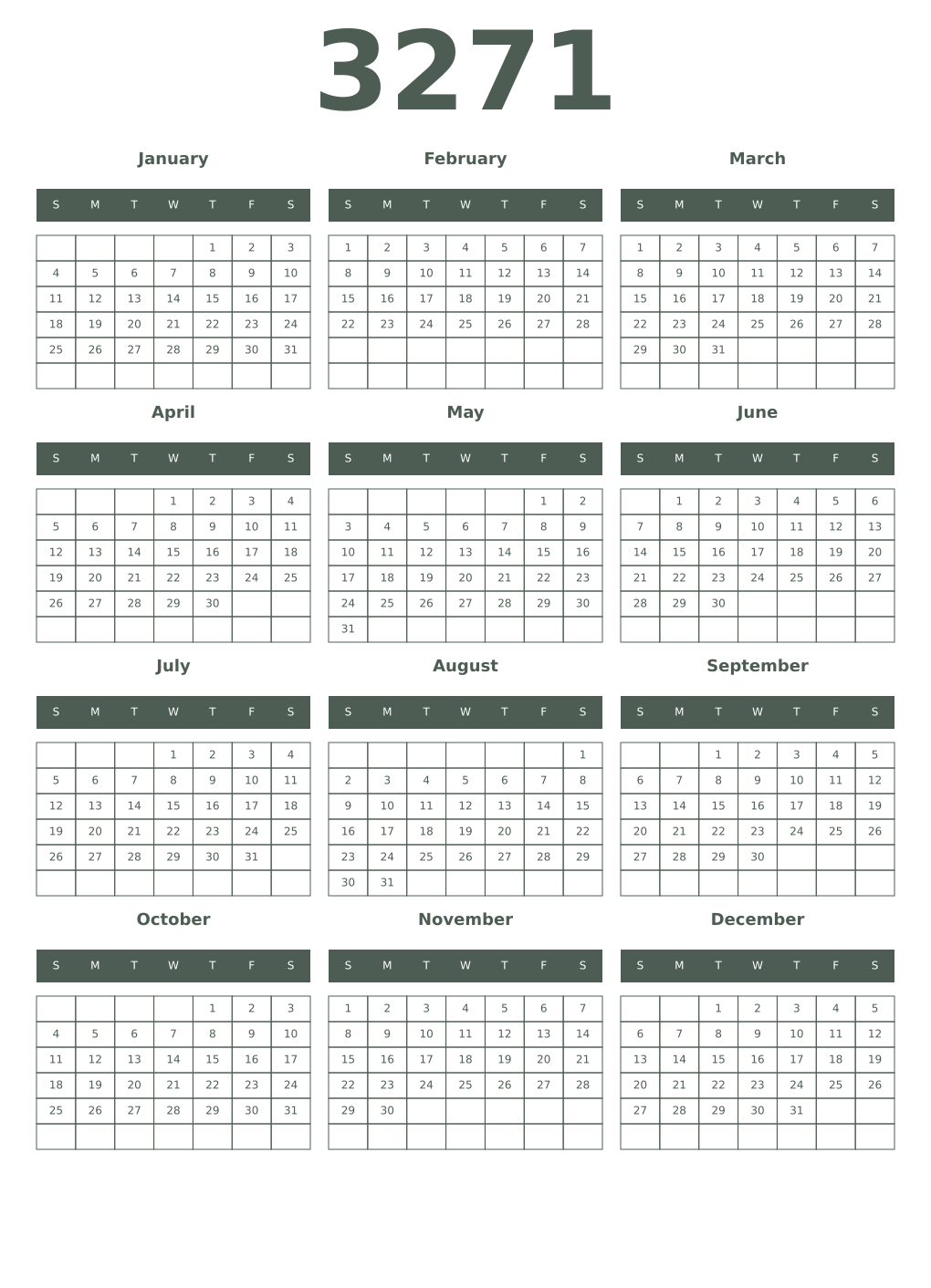 Printable 3271 Year Calendars feldgrau