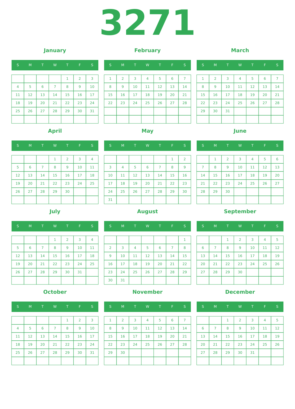 Printable 3271 Year Calendars green