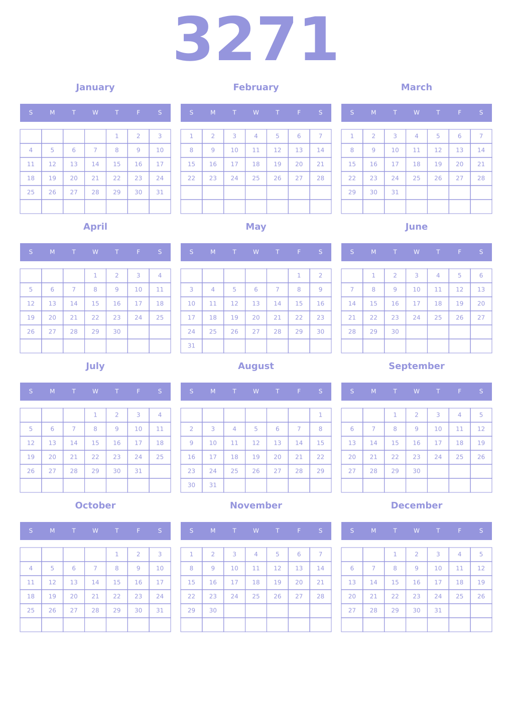 Printable 3271 Year Calendars periwinkle