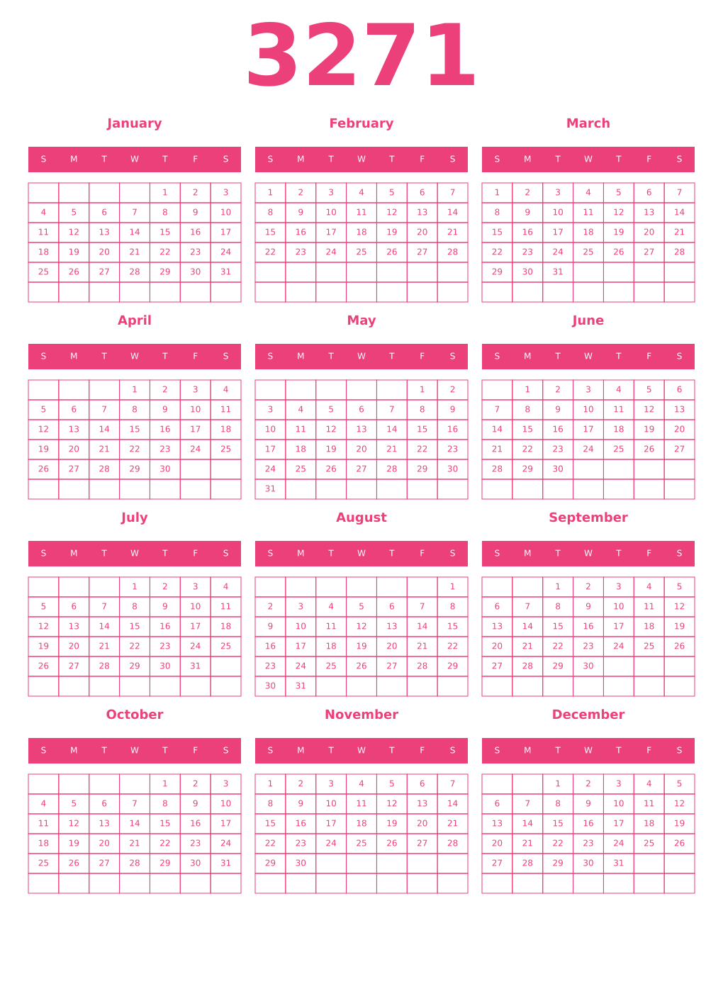 Printable 3271 Year Calendars pink
