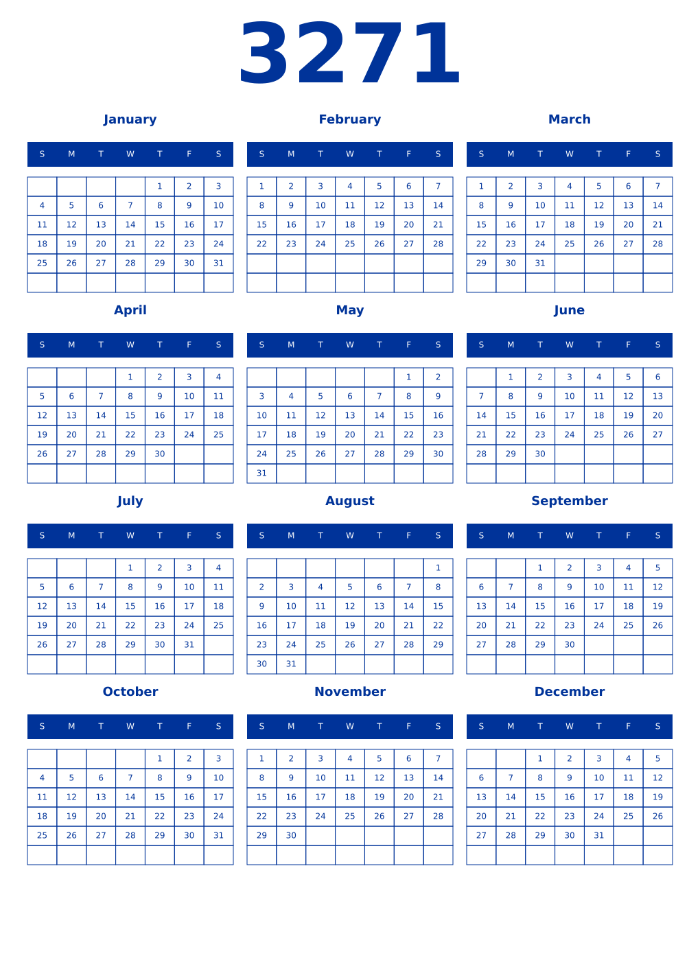 Printable 3271 Year Calendars smalt