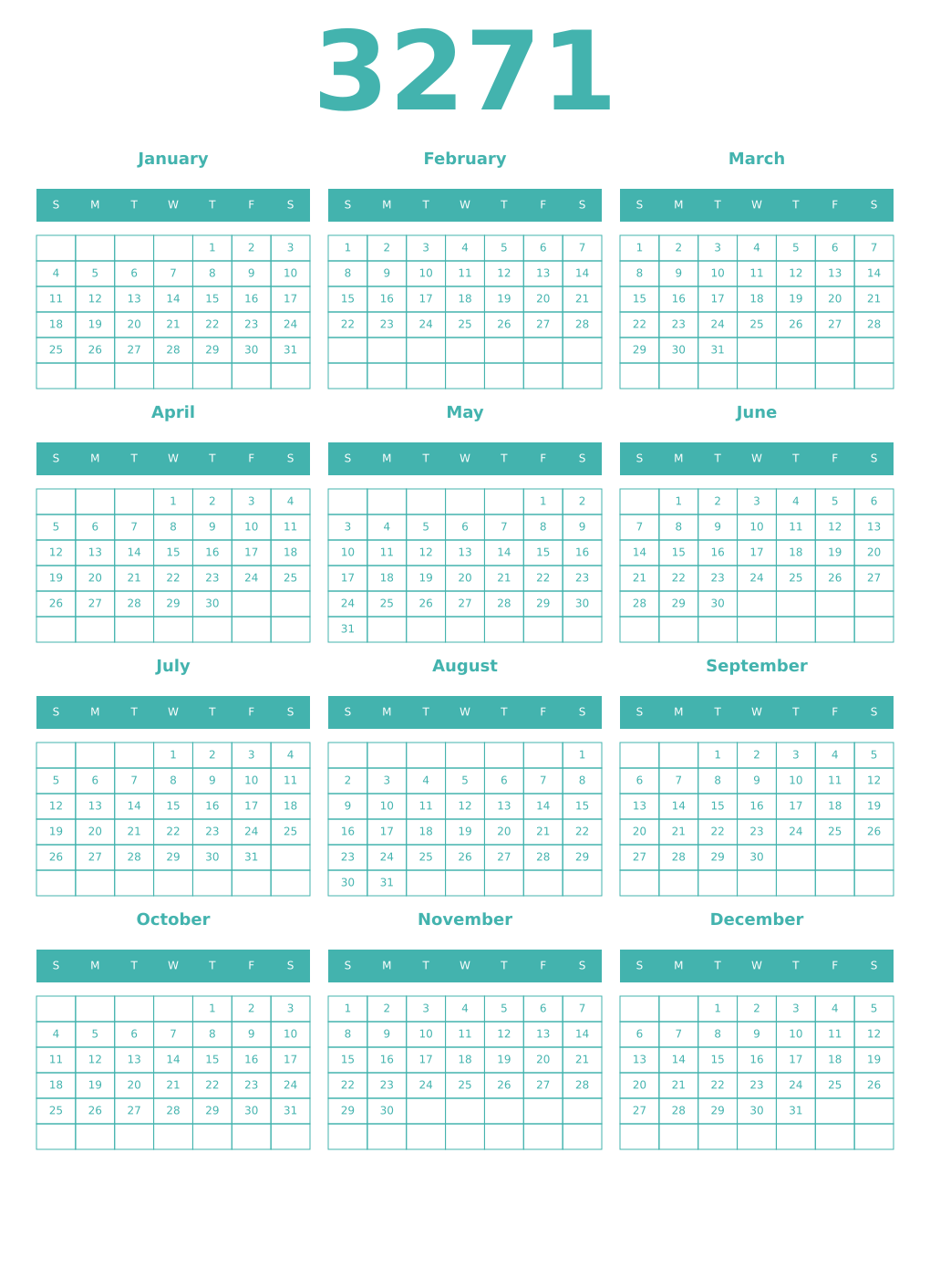 Printable 3271 Year Calendars verdigris