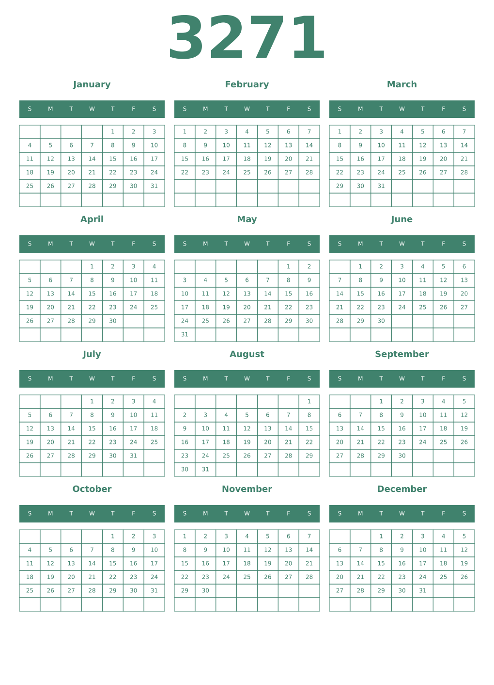 Printable 3271 Year Calendars viridian