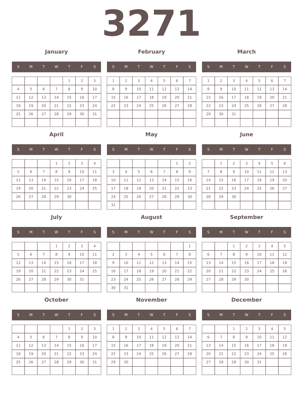 Printable 3271 Year Calendars wenge