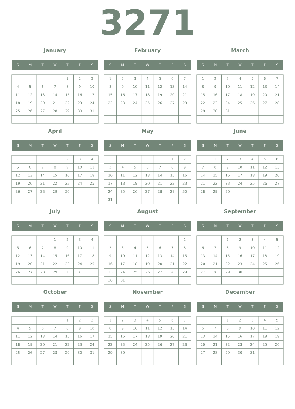 Printable 3271 Year Calendars xanadu