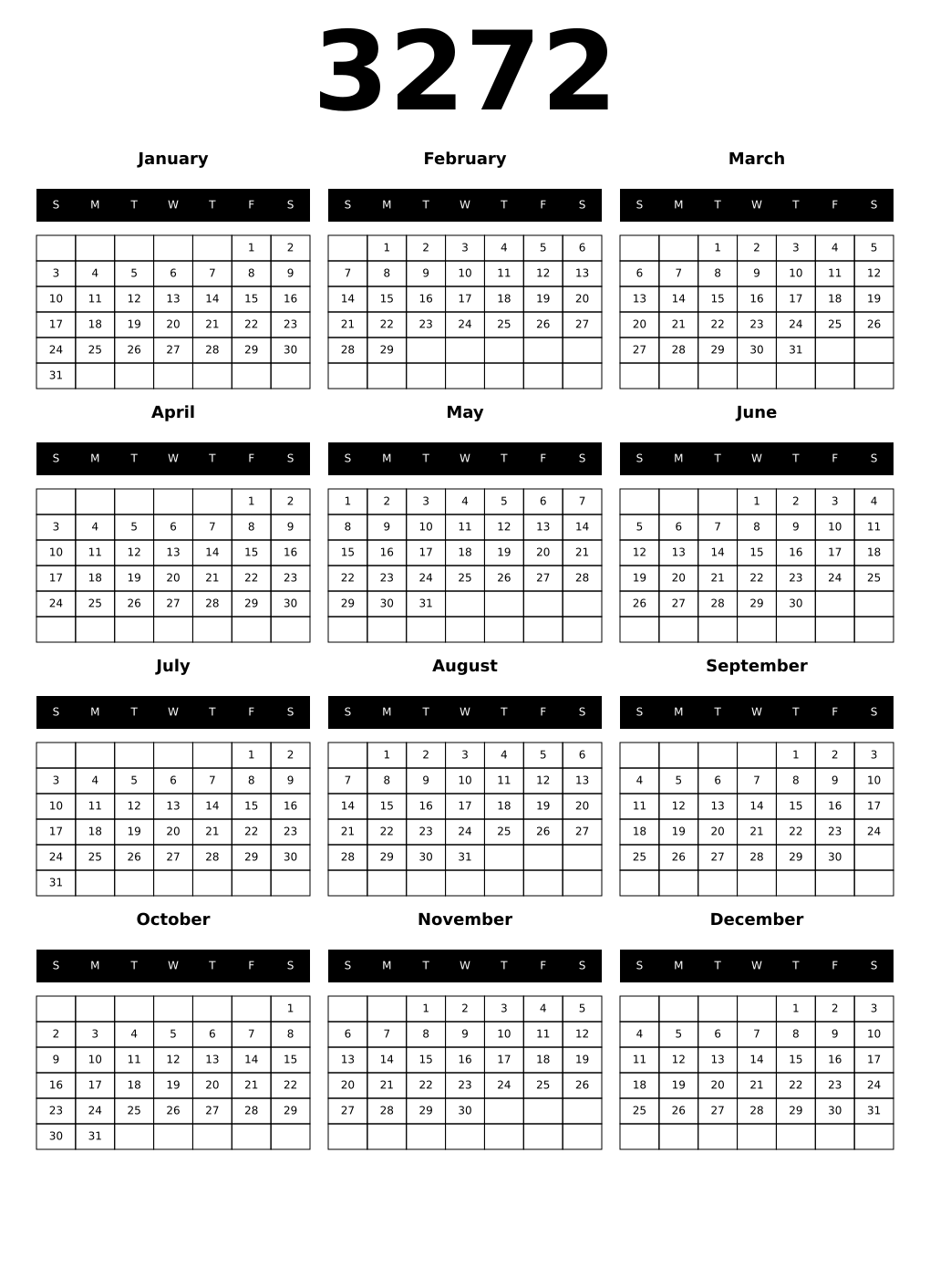 Printable 3272 Year Calendars black