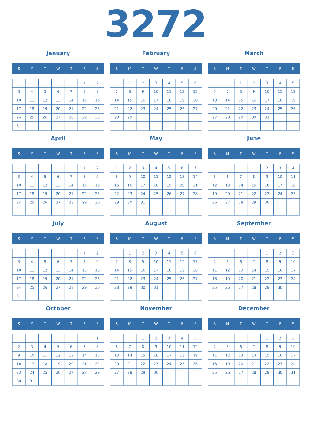 Printable 3272 Year Calendars blue