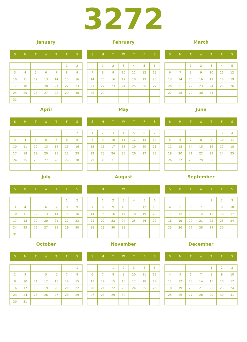 Printable 3272 Year Calendars chartreuse