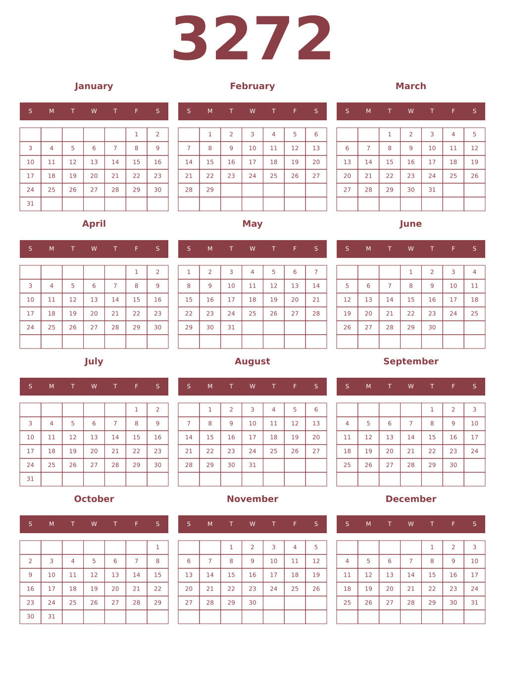 Printable 3272 Year Calendars cordovan