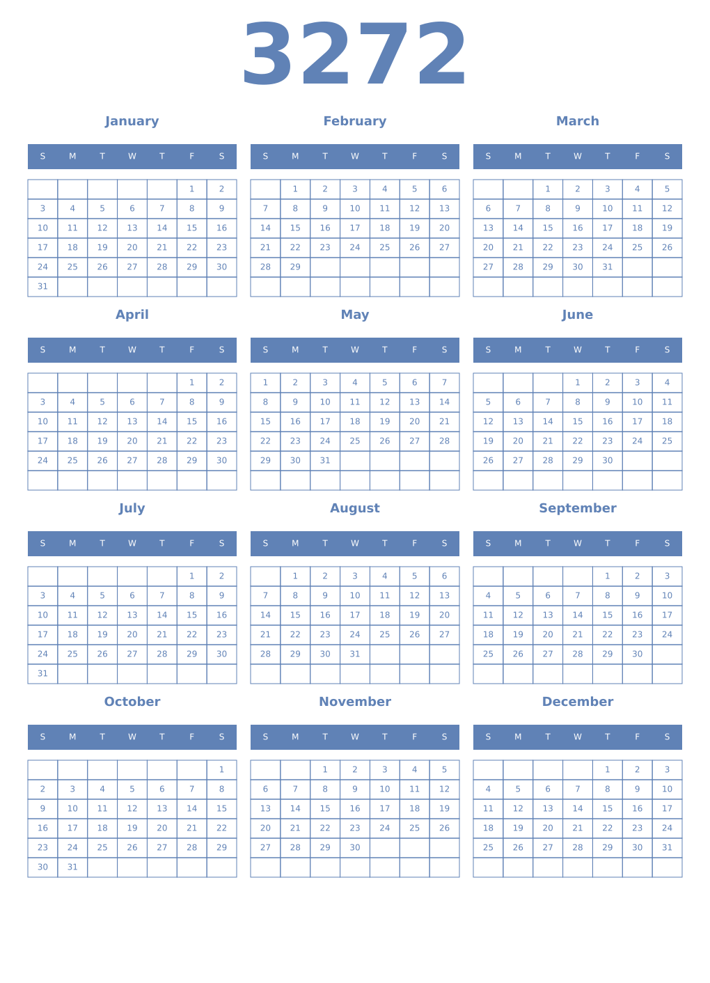 Printable 3272 Year Calendars glaucous
