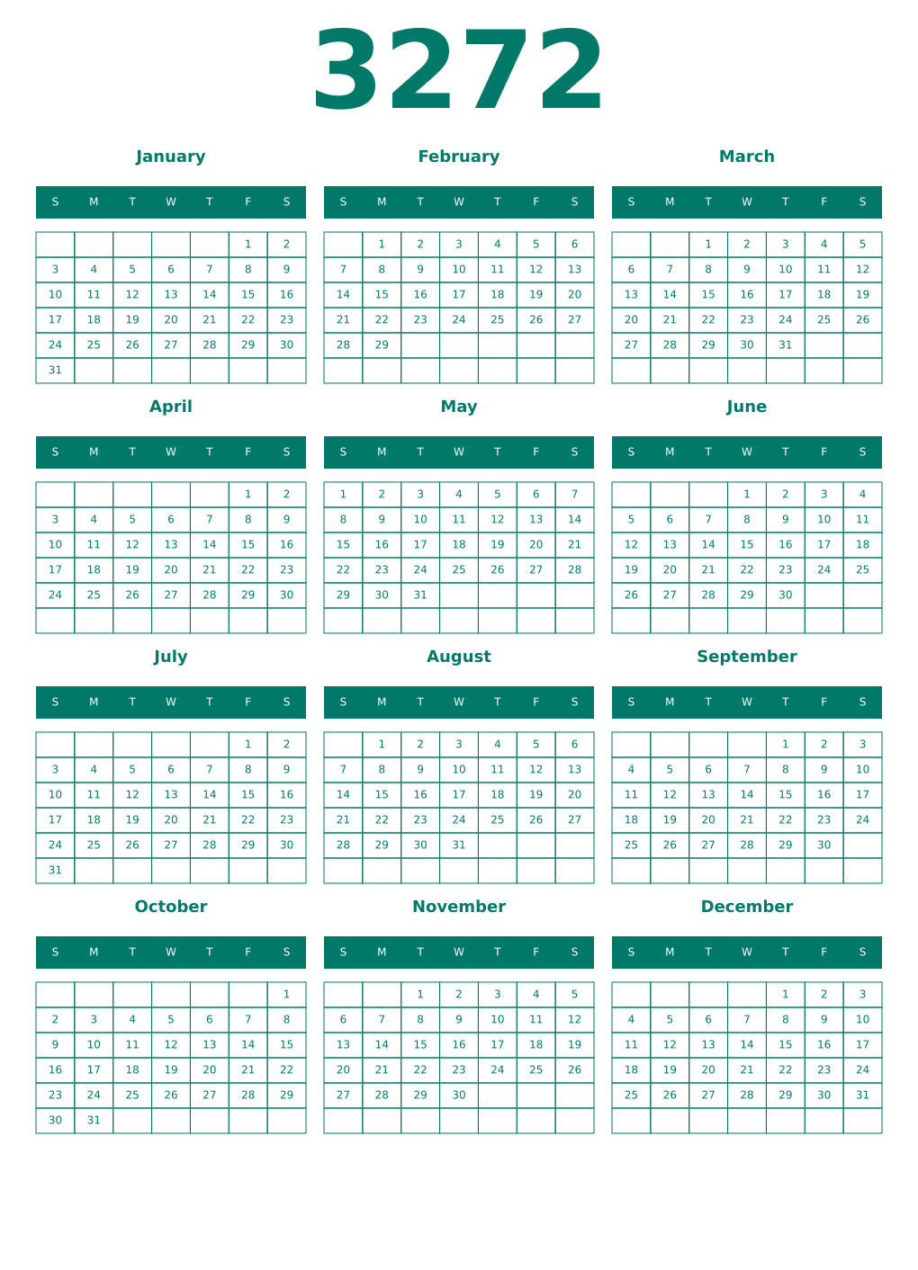 Printable 3272 Year Calendars pastel