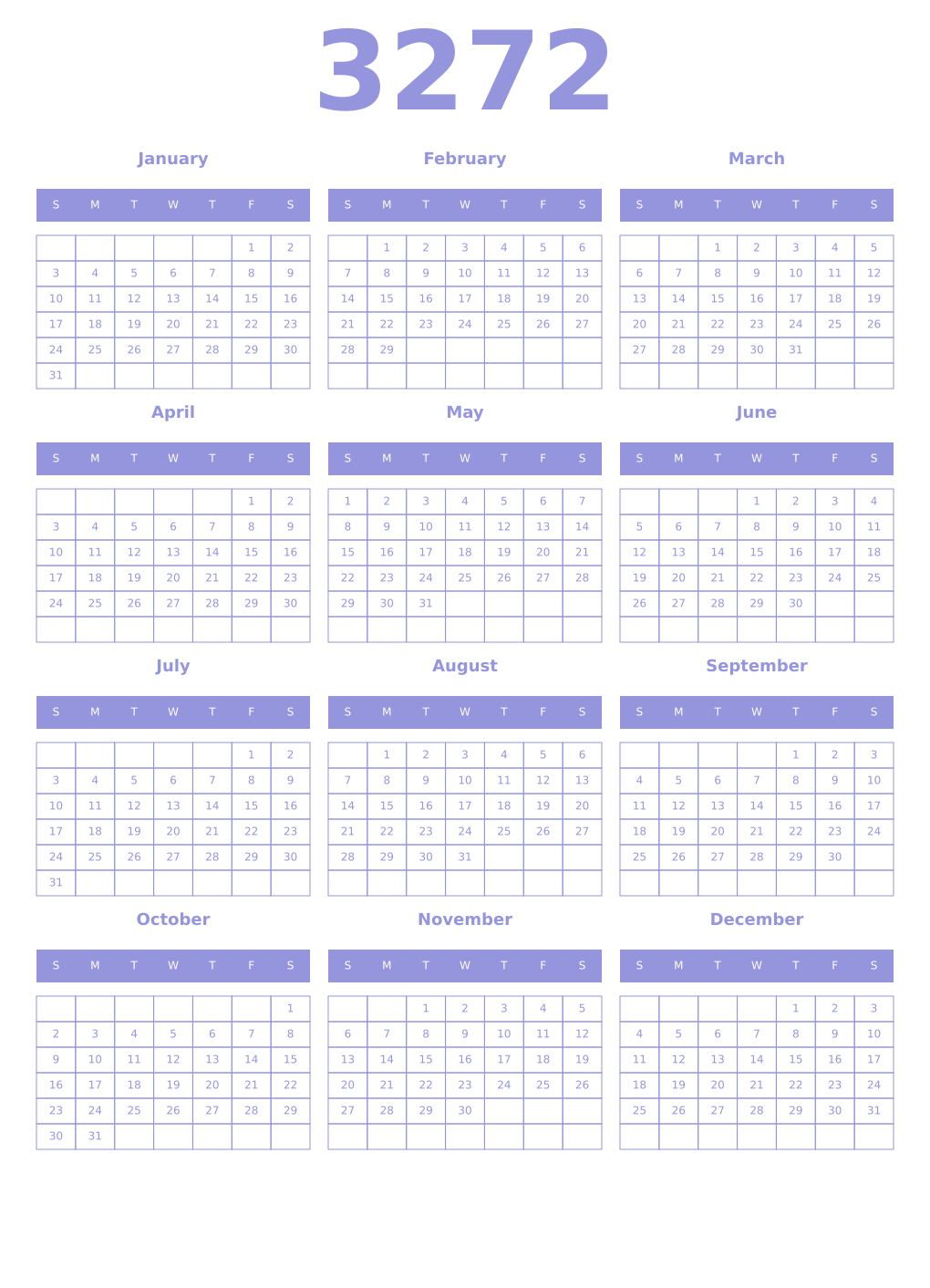 Printable 3272 Year Calendars periwinkle