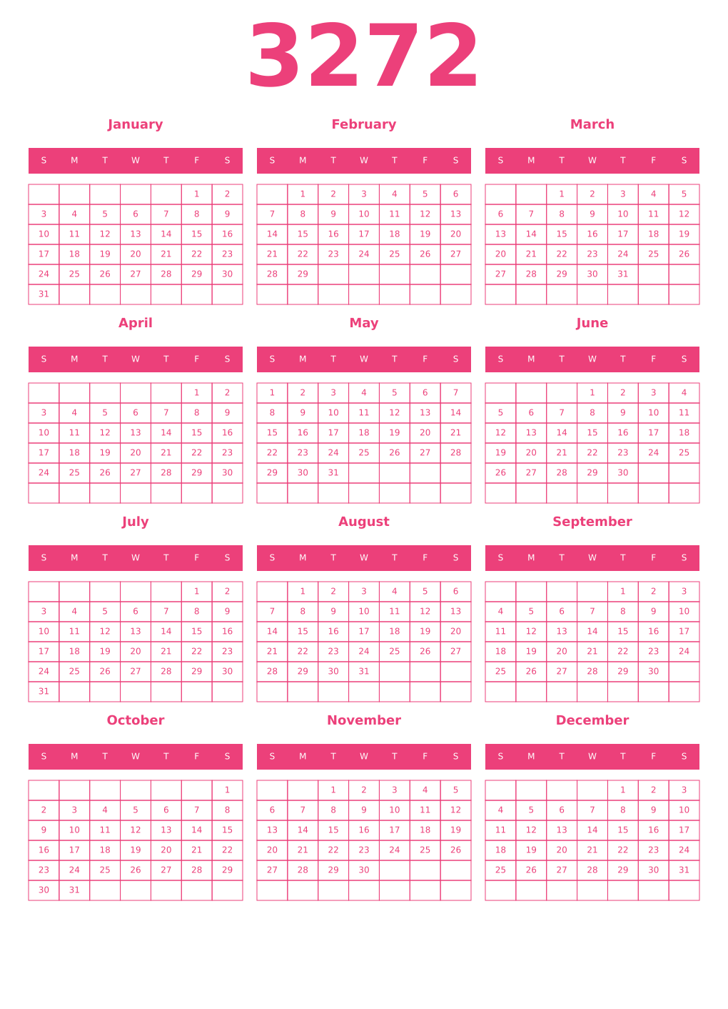 Printable 3272 Year Calendars pink