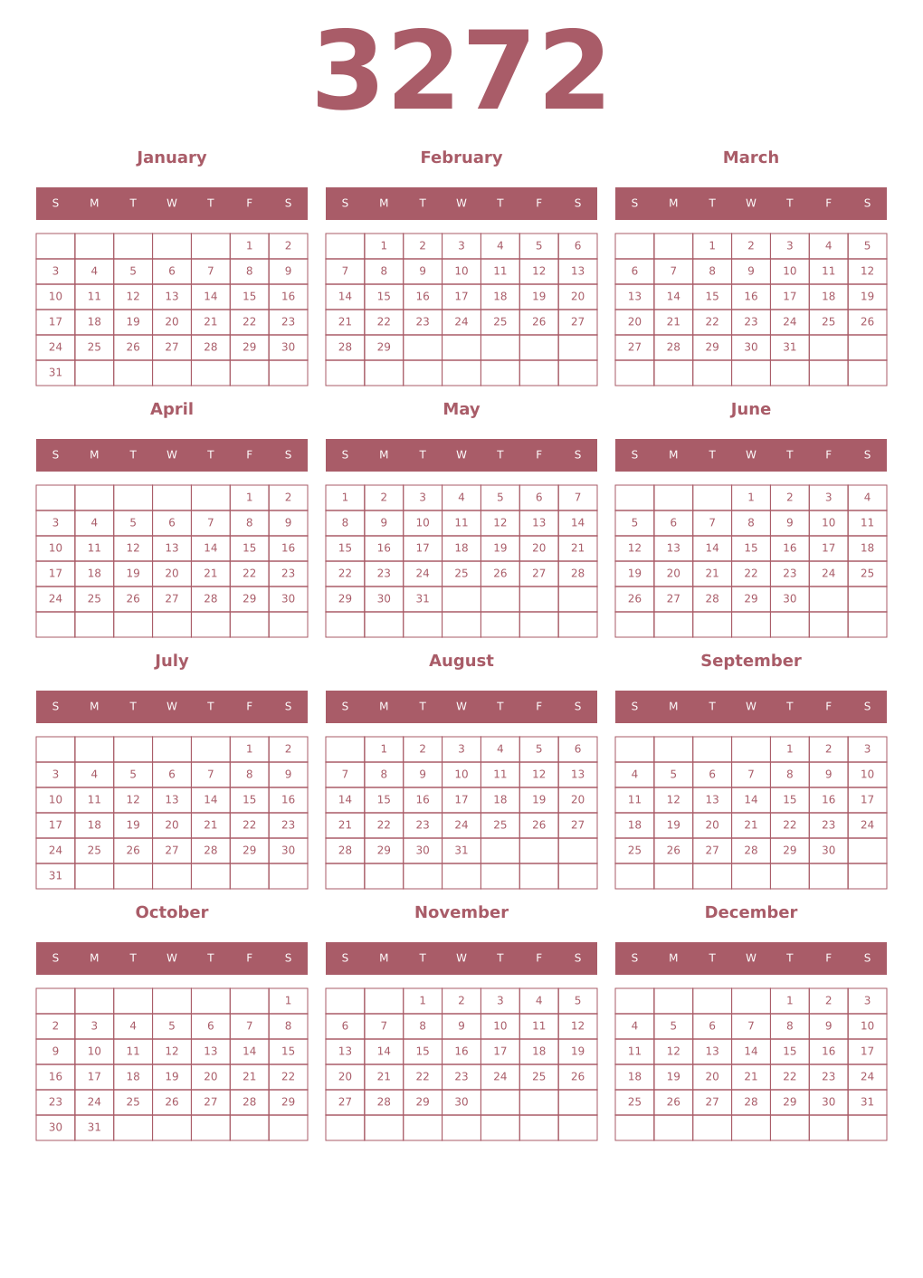Printable 3272 Year Calendars puce