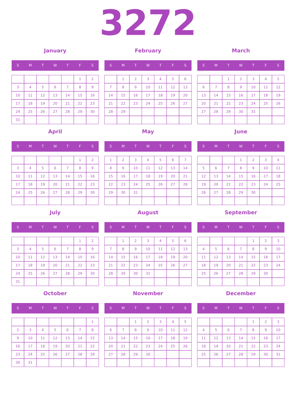 Printable 3272 Year Calendars purple