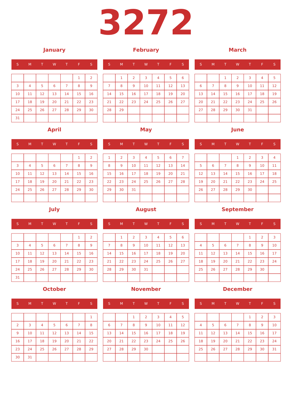 Printable 3272 Year Calendars red
