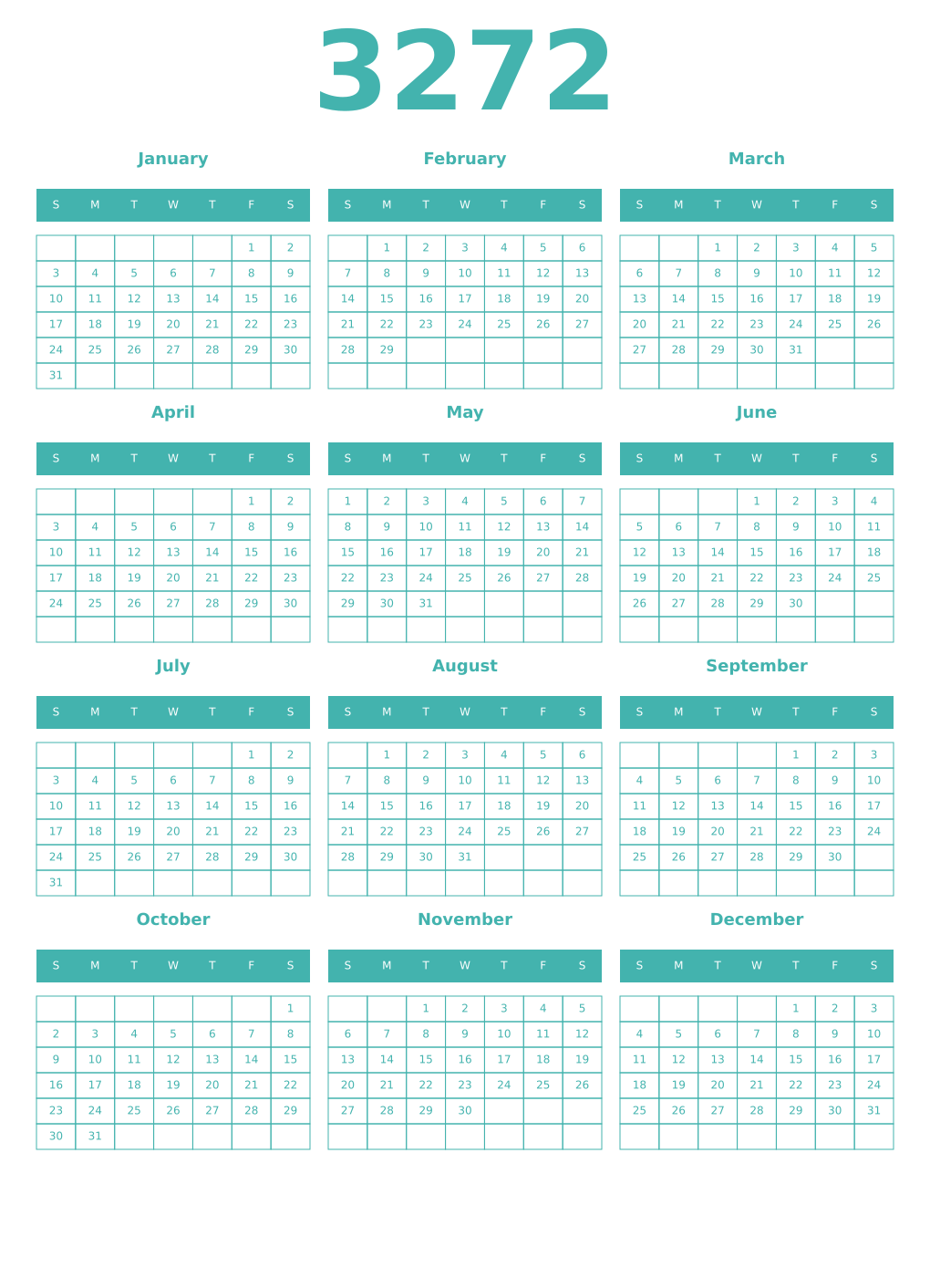 Printable 3272 Year Calendars verdigris