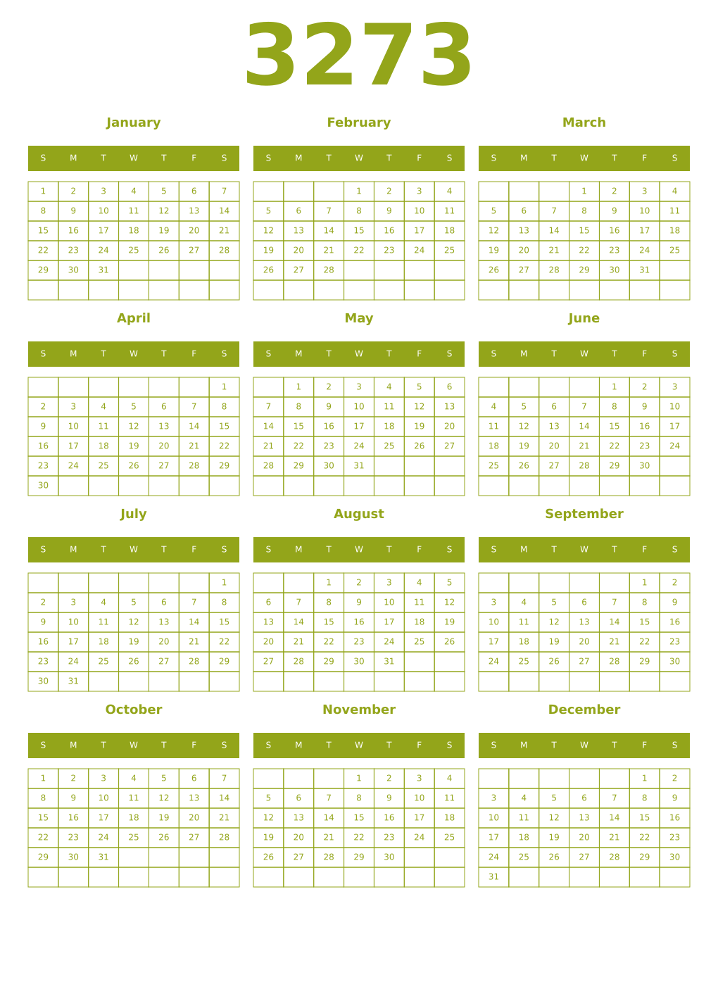 Printable 3273 Year Calendars chartreuse
