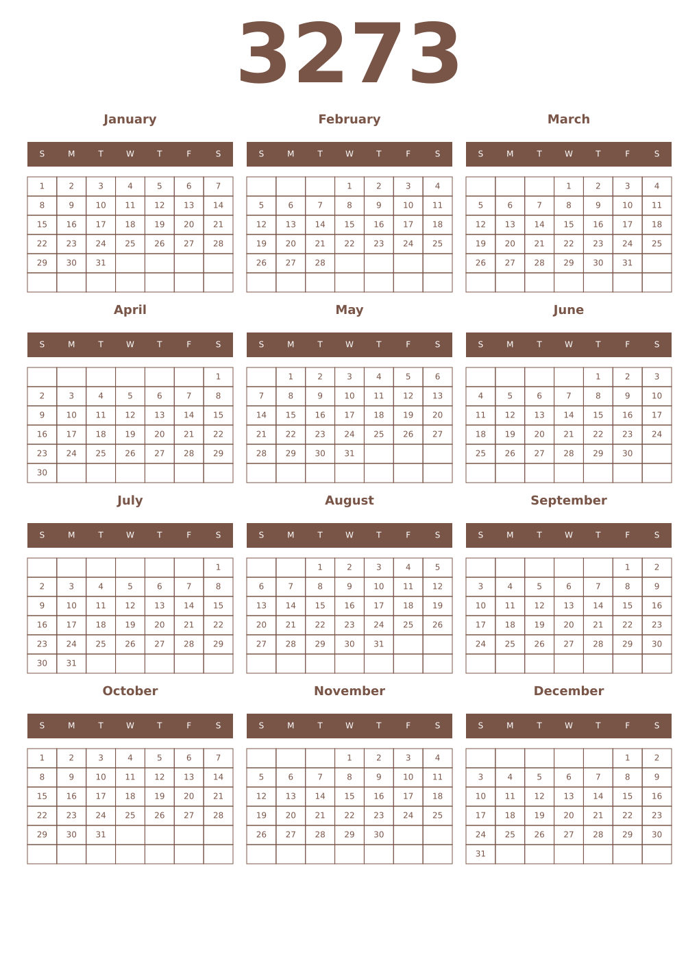 Printable 3273 Year Calendars coffe